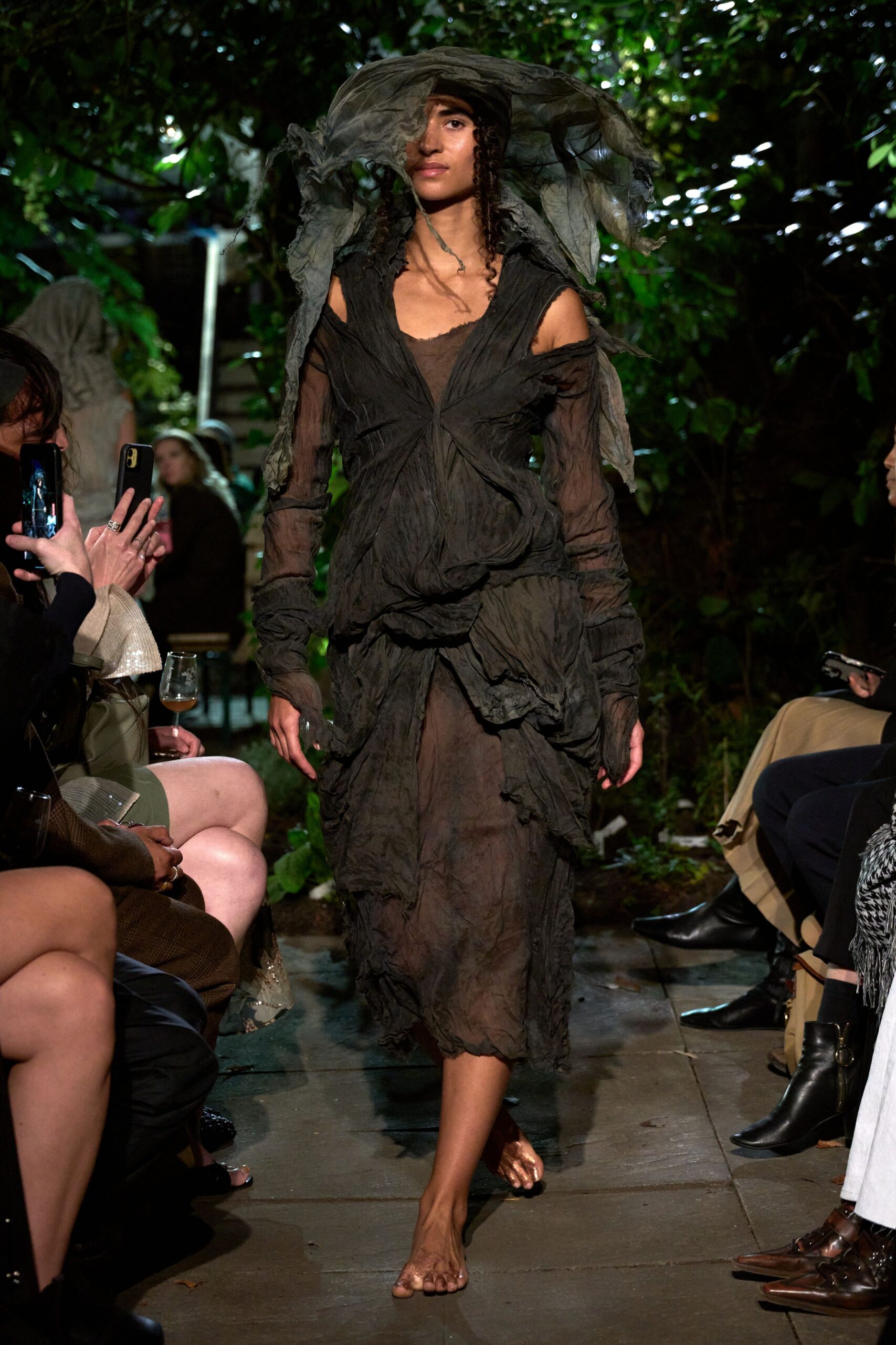black cotton long-sleeve v-neck relaxed layered draped dress