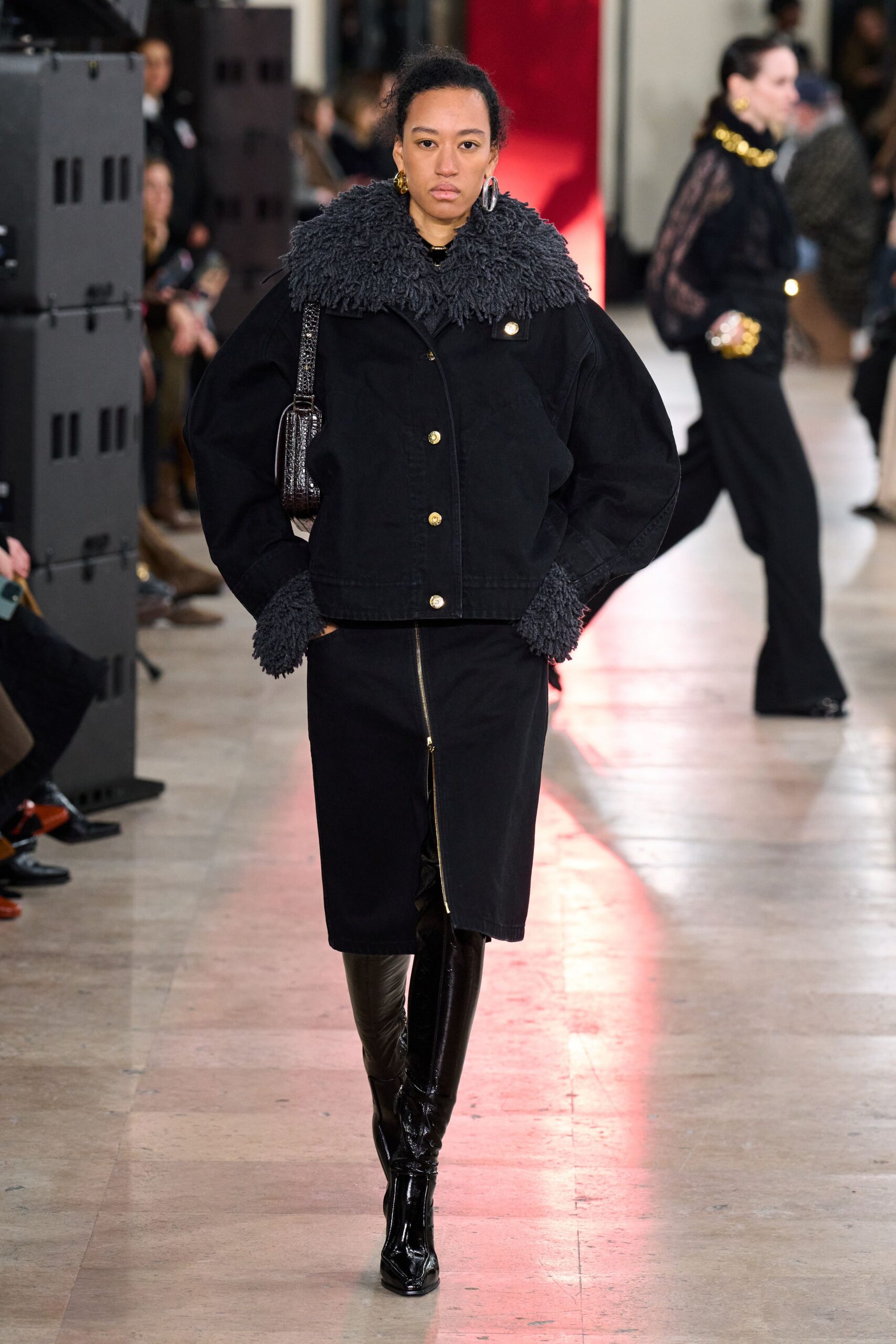black denim long-sleeve collared oversized zippered jacket