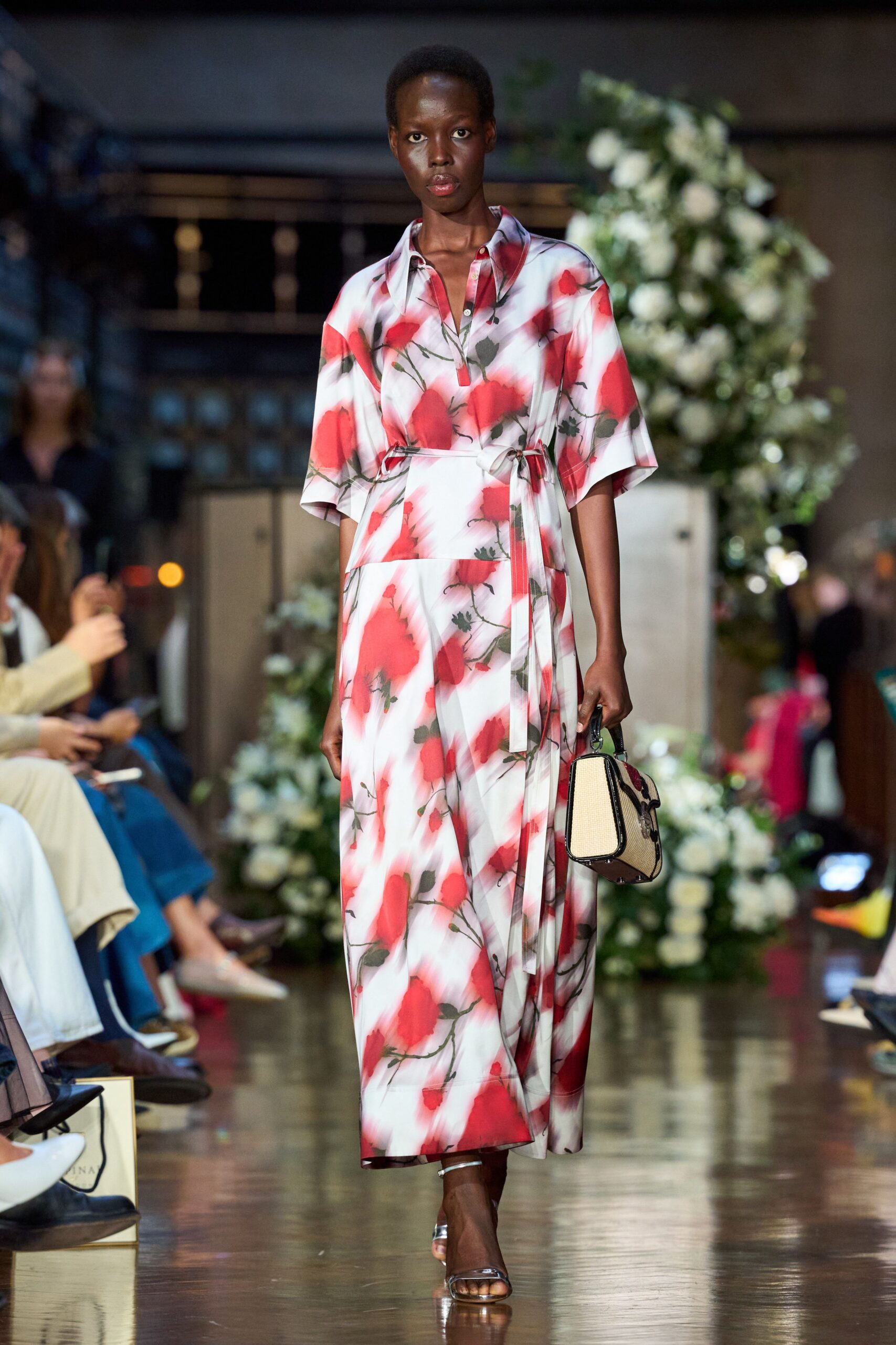red silk short-sleeve collared relaxed floral belted dress