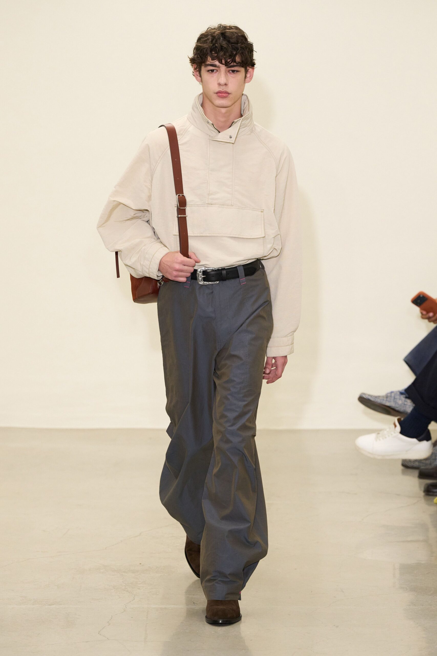 beige relaxed jacket with gray pants