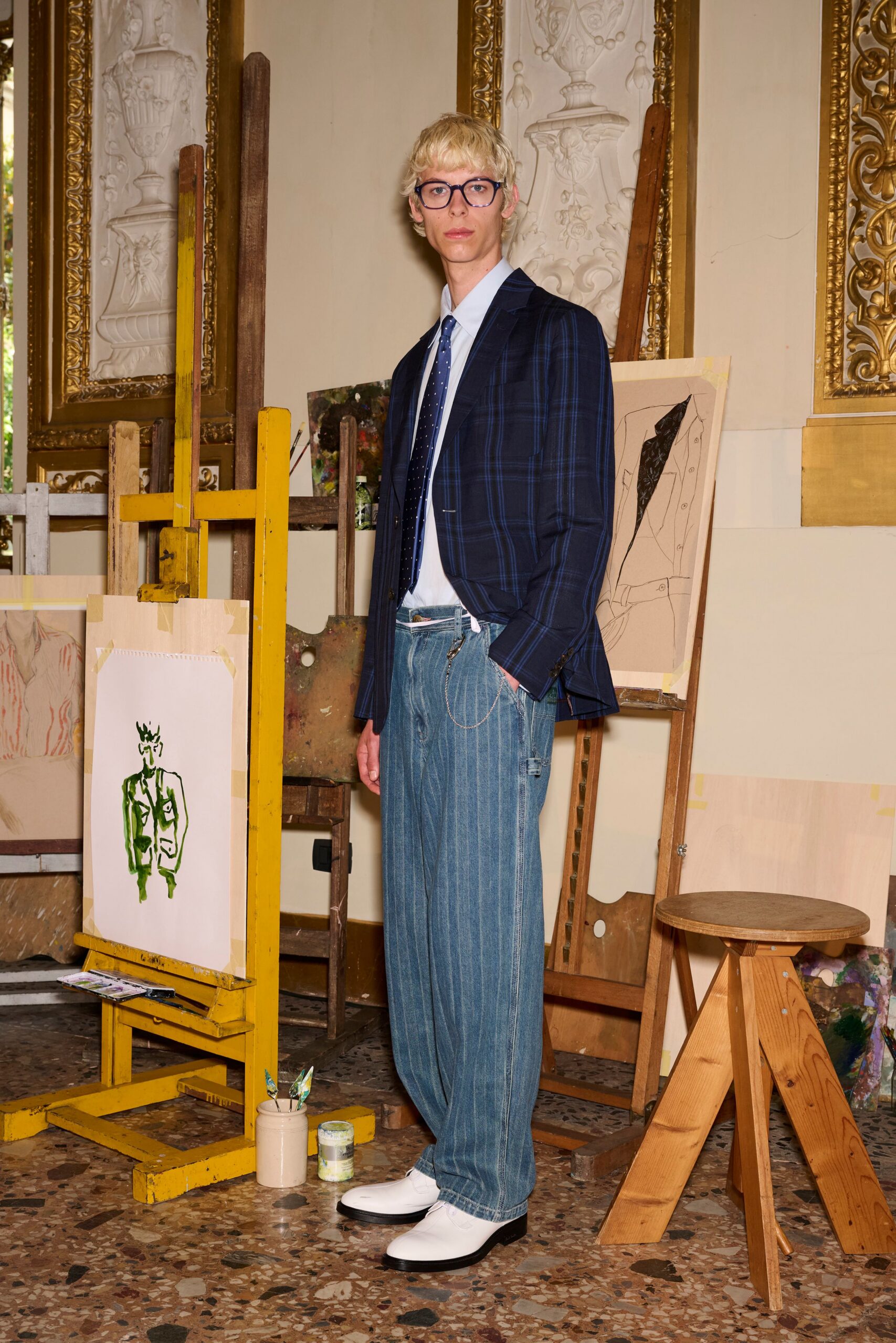 blue checked blazer with relaxed denim pants