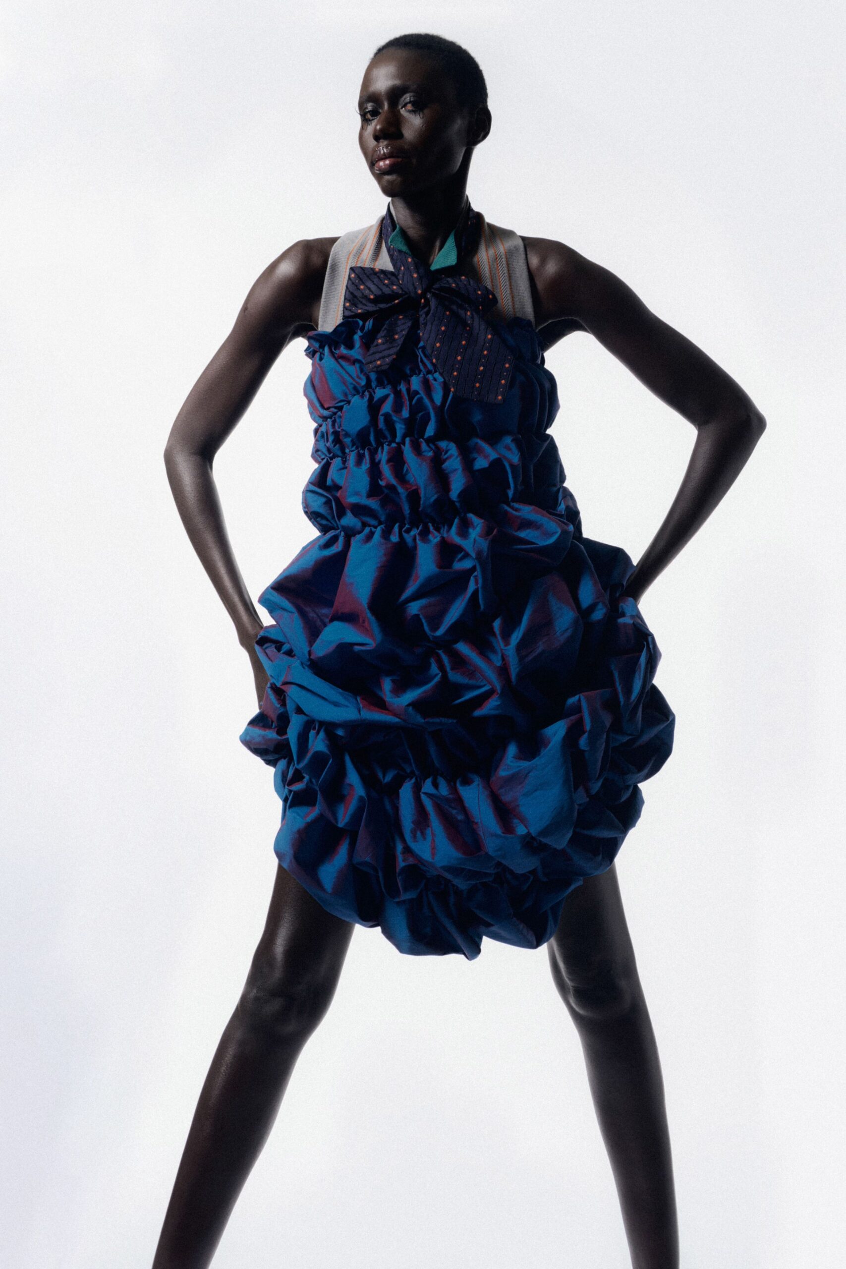 blue ruffled sleeveless dress