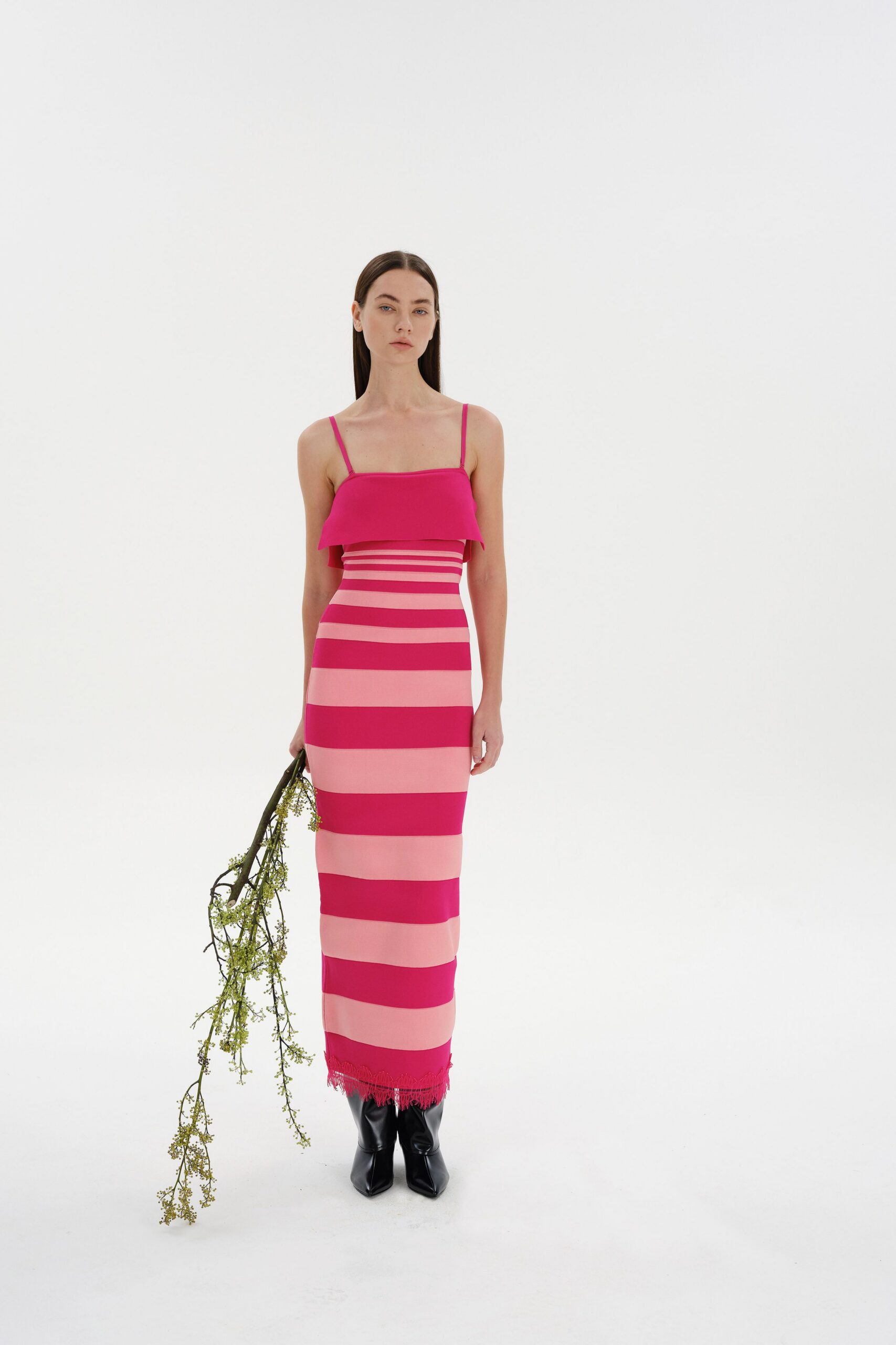 pink cotton sleeveless v-neck fitted striped fringed dress