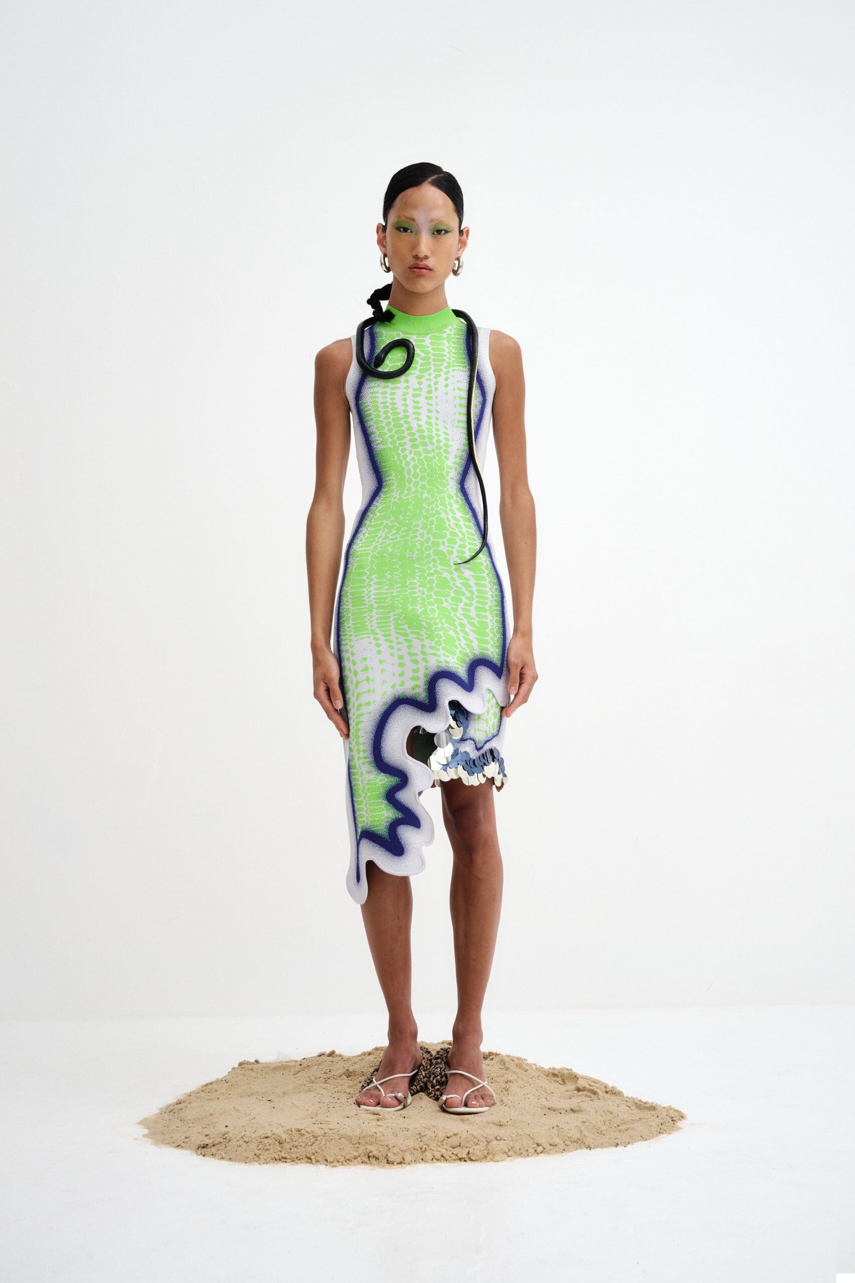 green silk sleeveless high-neck fitted draped shiny dress