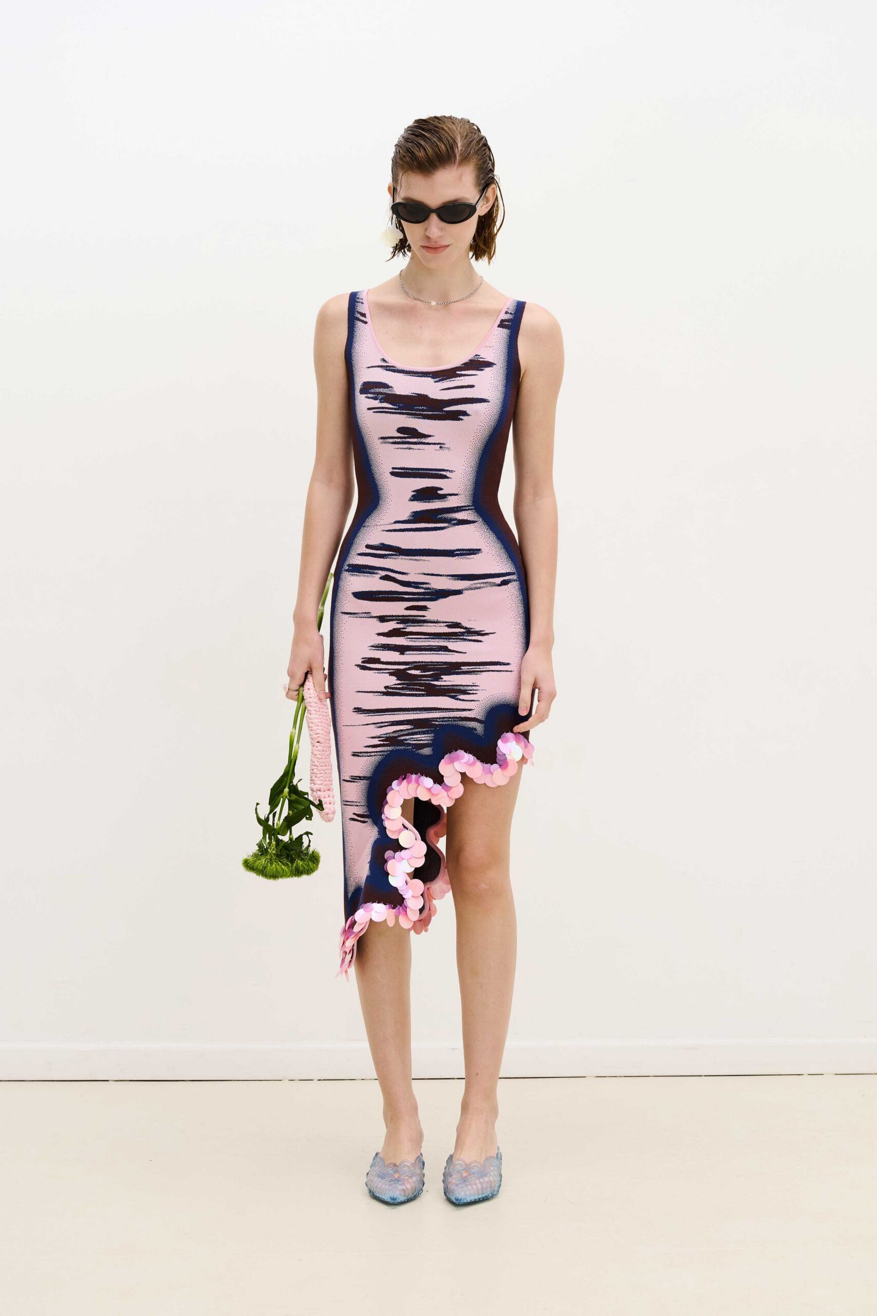 pink and blue fitted midi dress