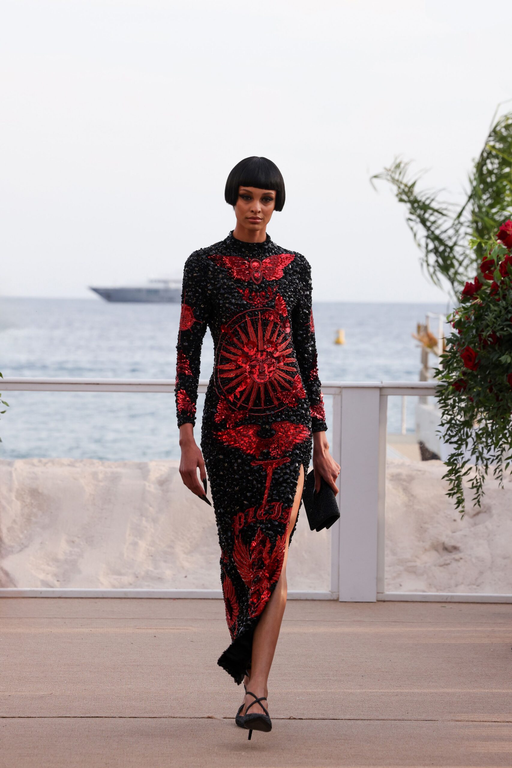 black sequin long-sleeve high-neck fitted embellished shiny gown