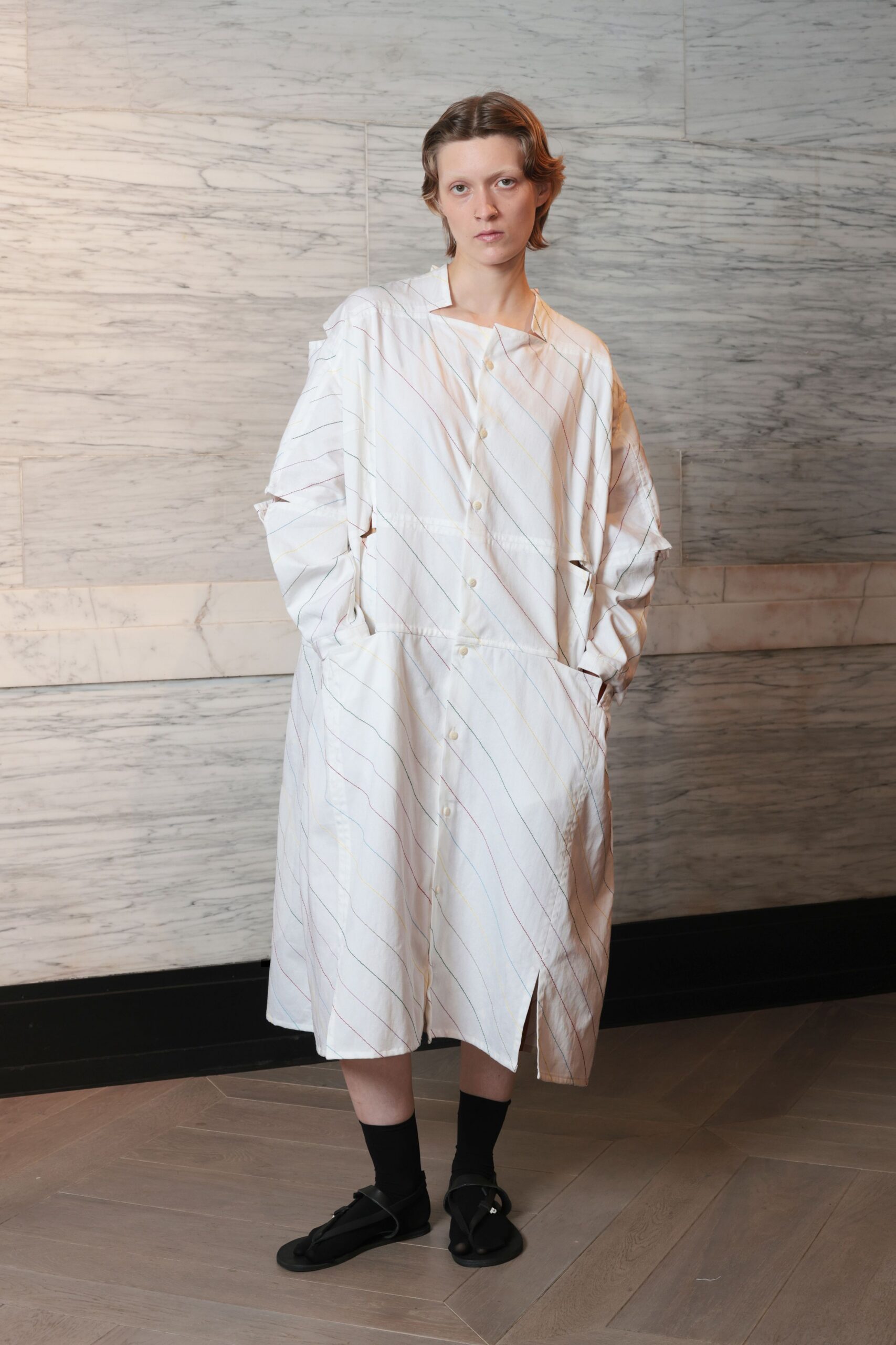 white cotton long-sleeve collared relaxed striped buttoned shirt-dress