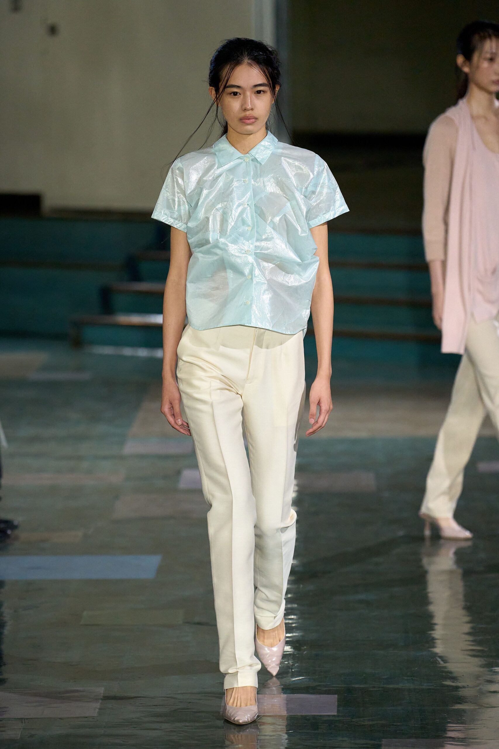 blue silk short-sleeve collared relaxed pleated shiny shirt