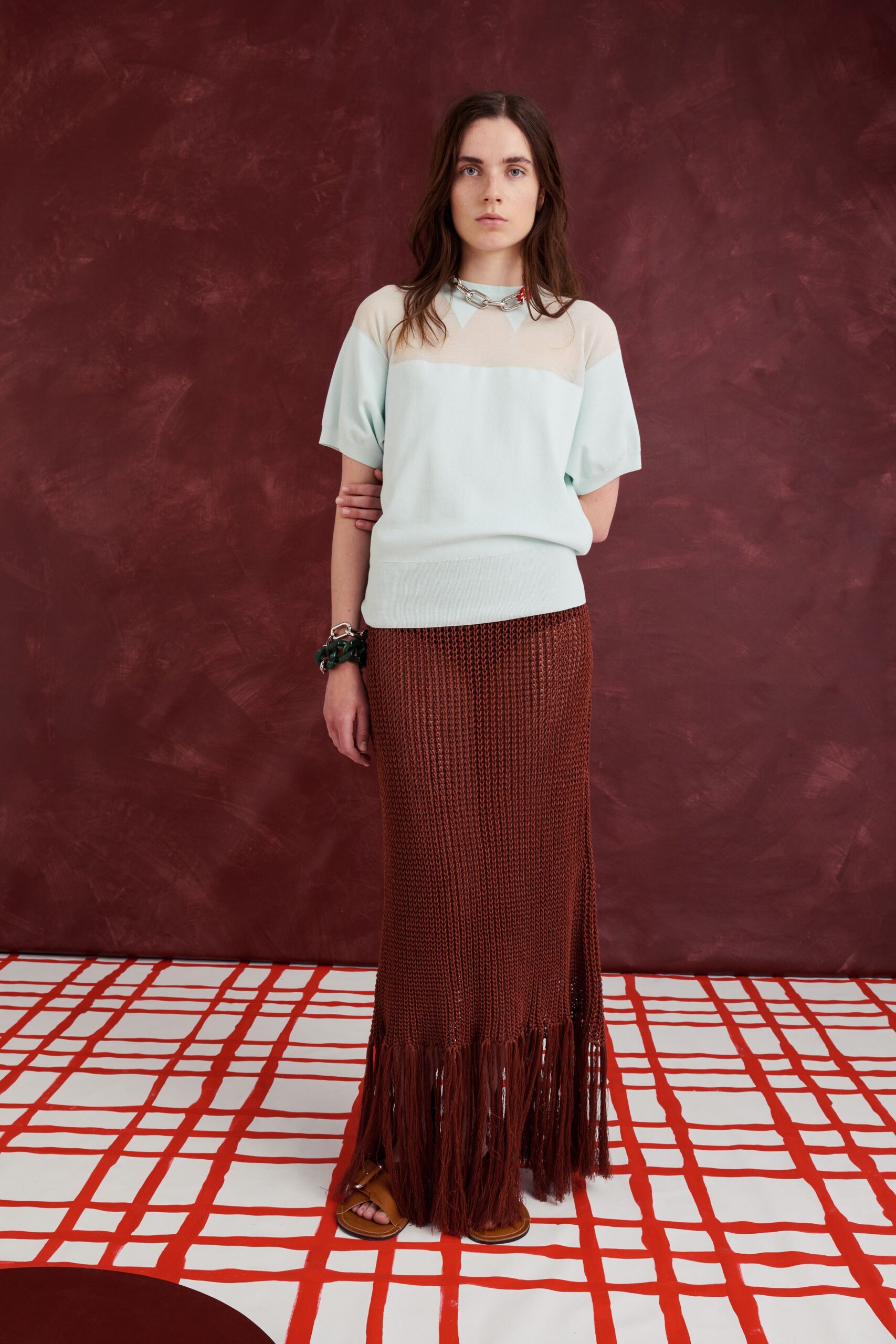 light blue beige color-blocked top with brown fringed maxi skirt