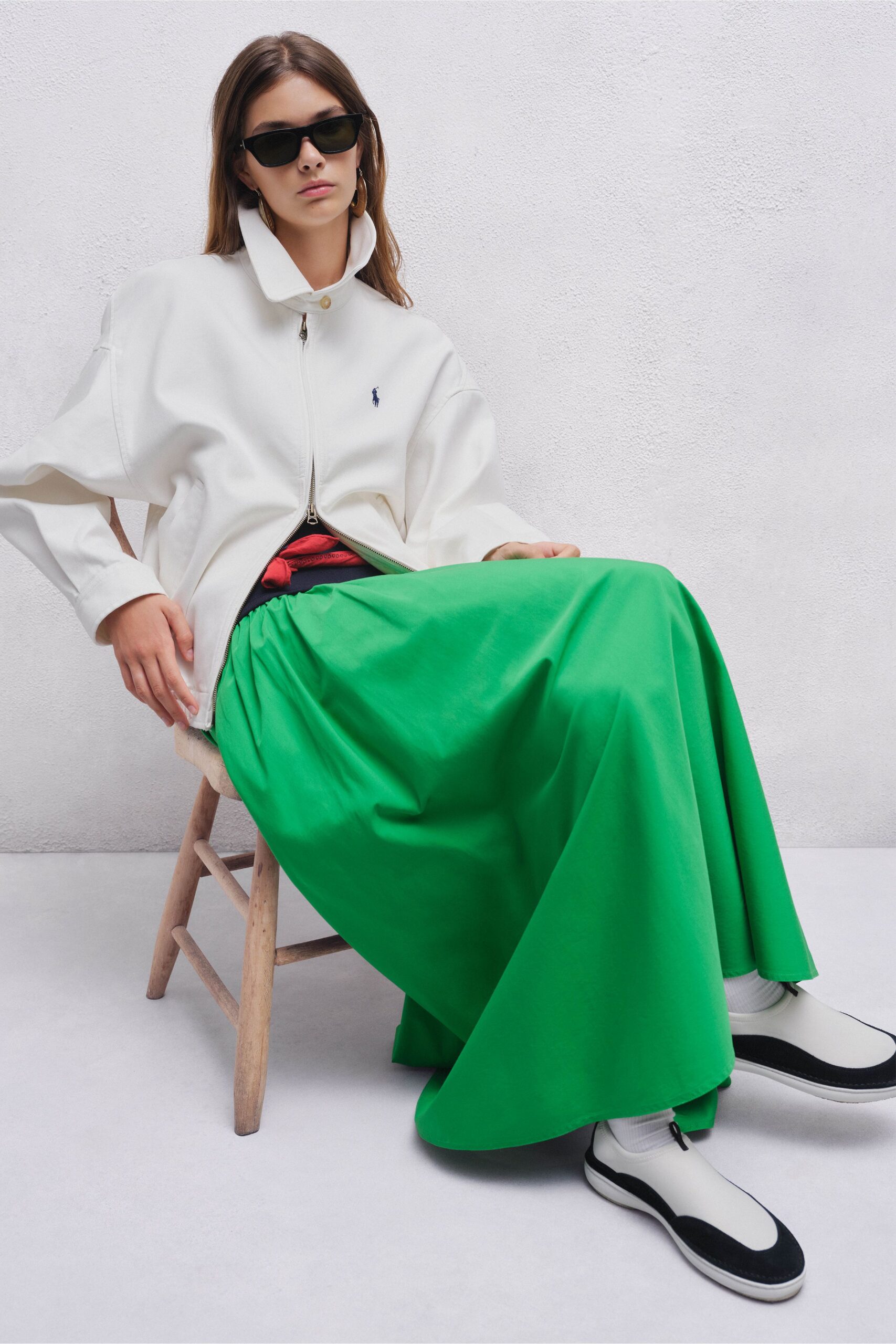 green cotton fitted tiered maxi skirt