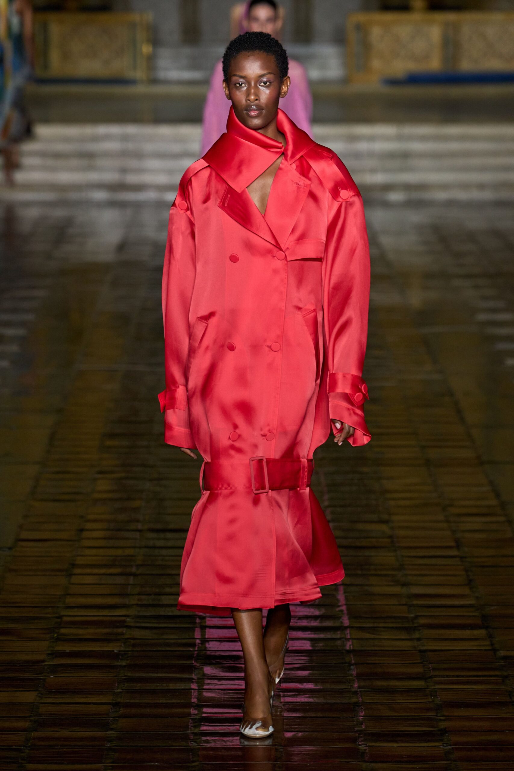 red silk long-sleeve collared oversized buttoned flared coat
