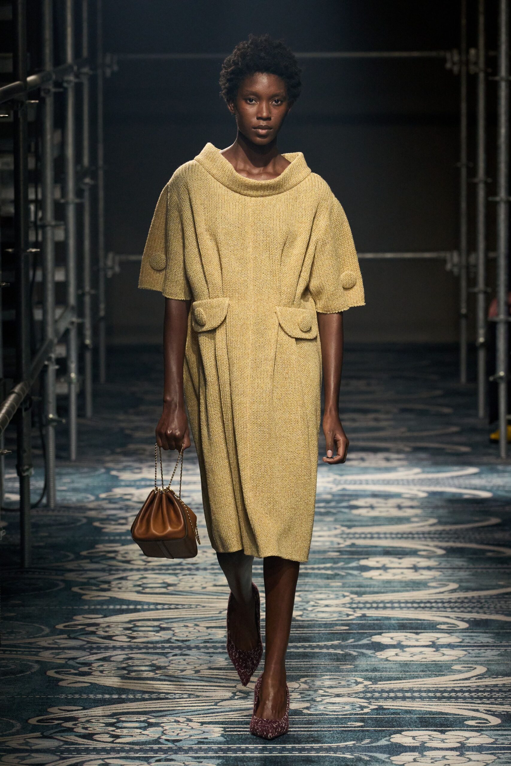 yellow wool short-sleeve collared relaxed pockets draped dress