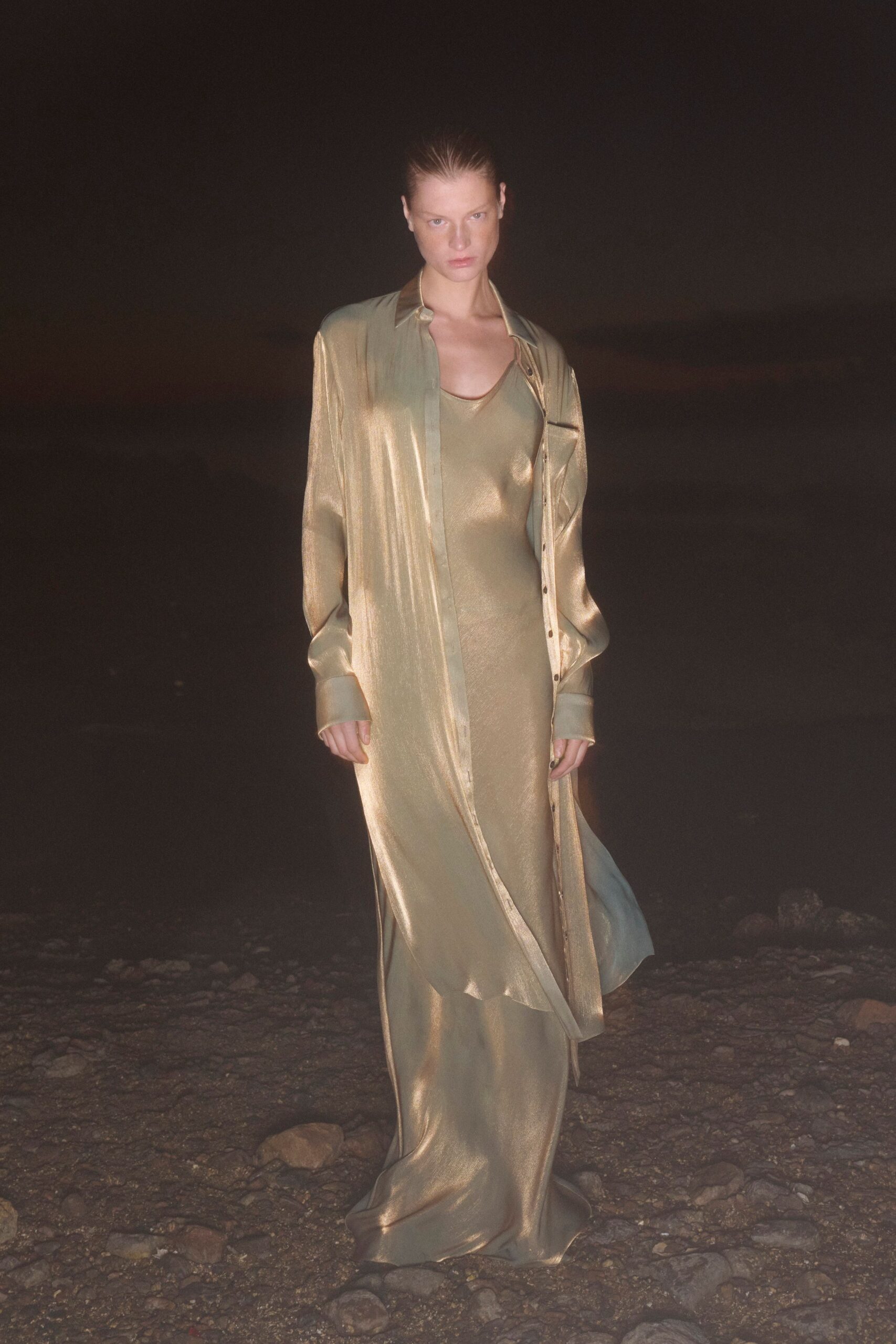 gold silk long-sleeve collared relaxed draped flowing coat