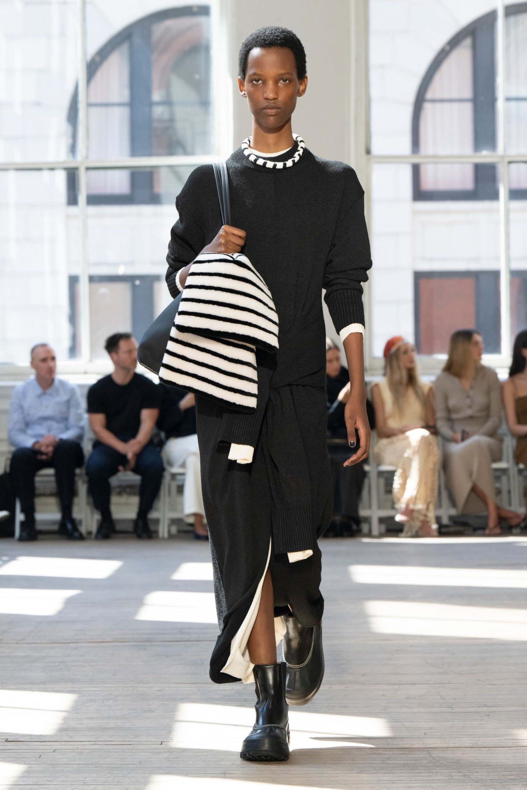 black midi dress with striped jacket