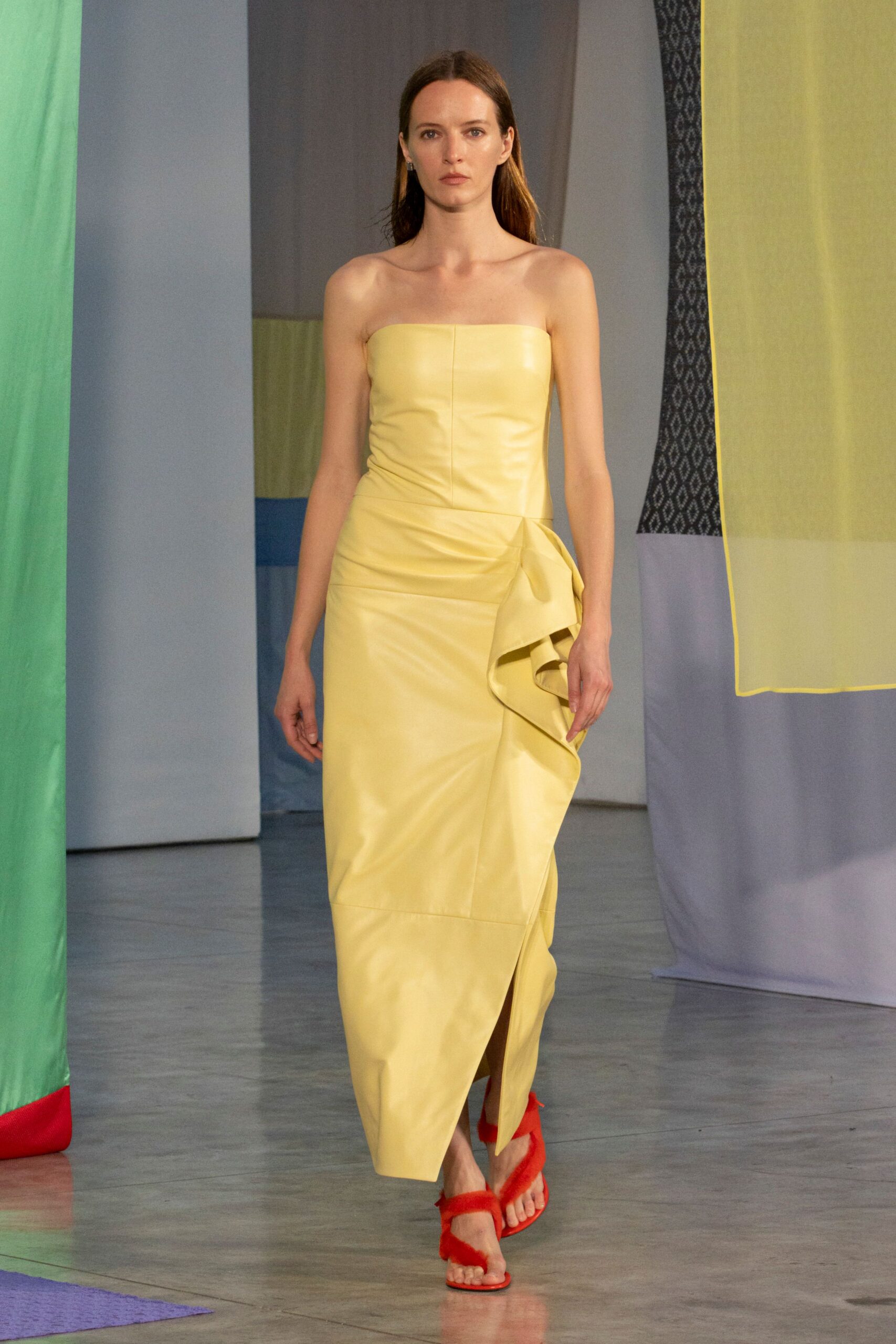 yellow leather strapless fitted ruched midi gown