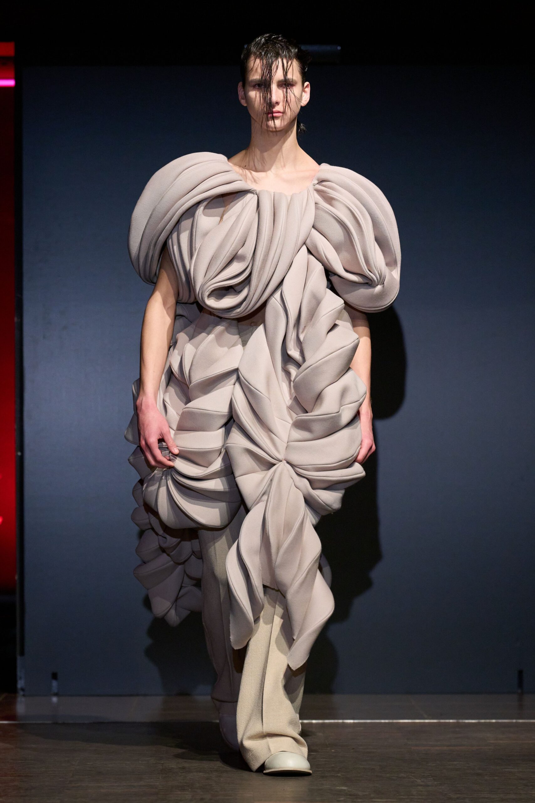 beige draped sleeveless dress with white shoes