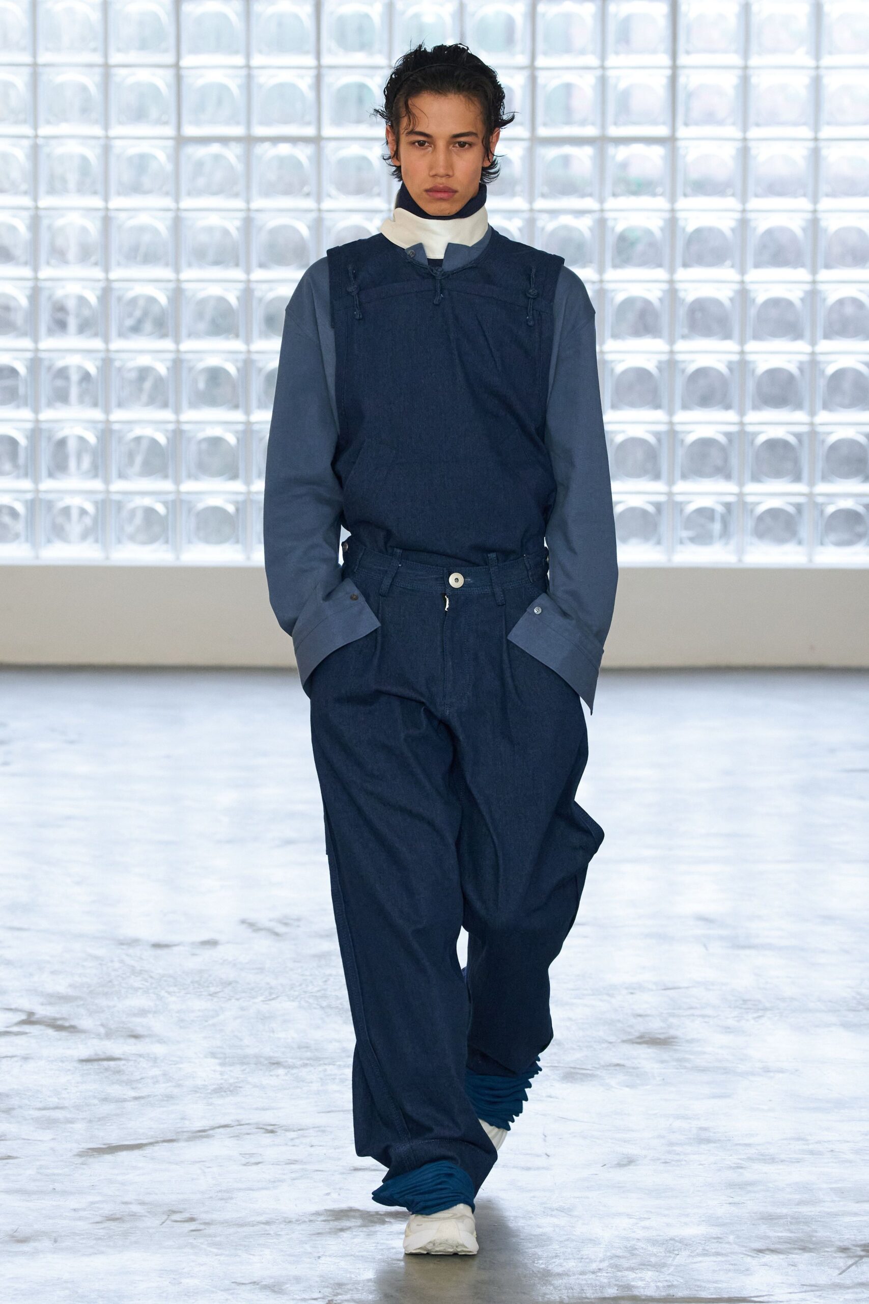 blue denim long-sleeve relaxed zippered pockets jumpsuit