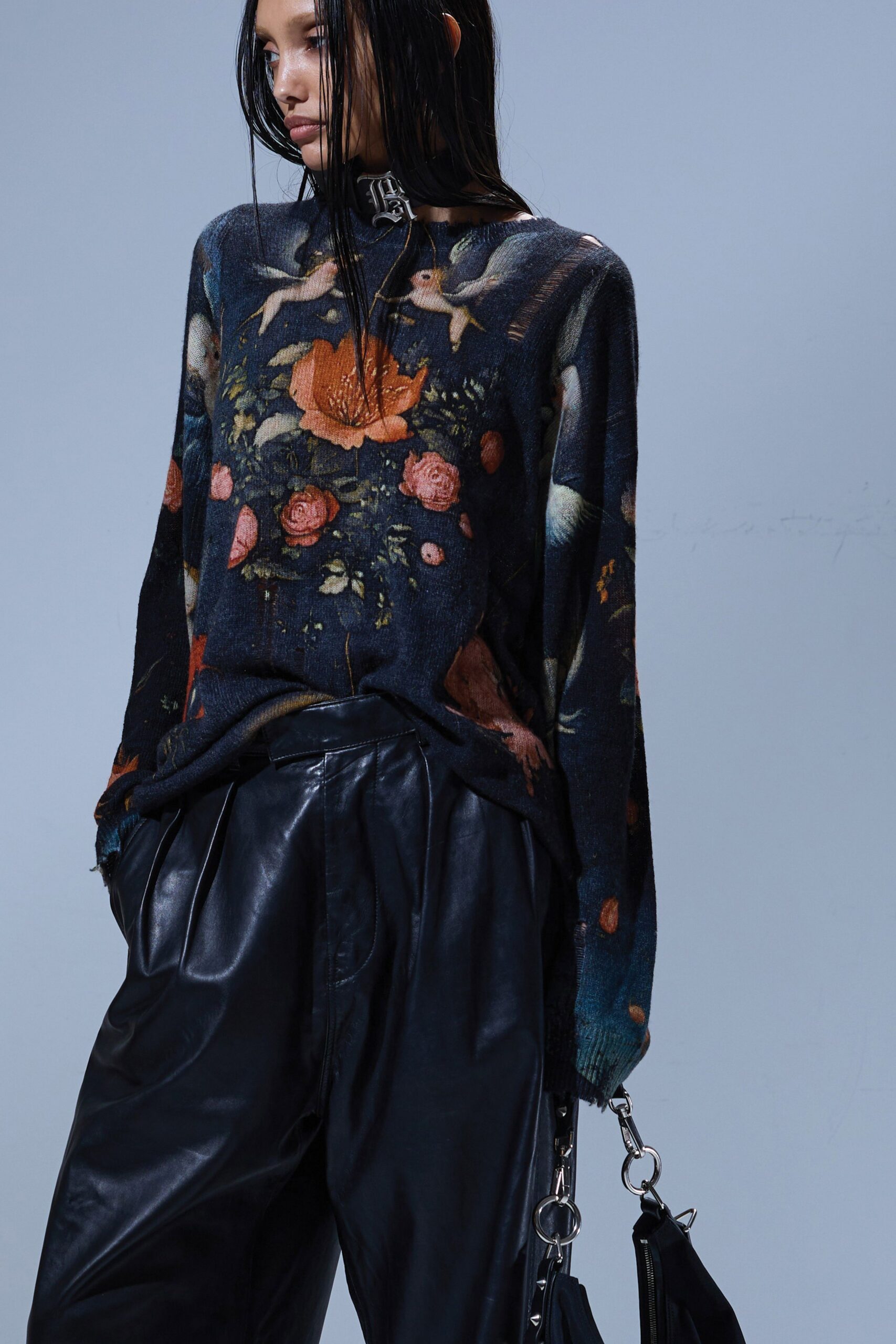 black wool long-sleeve collared relaxed printed sweater