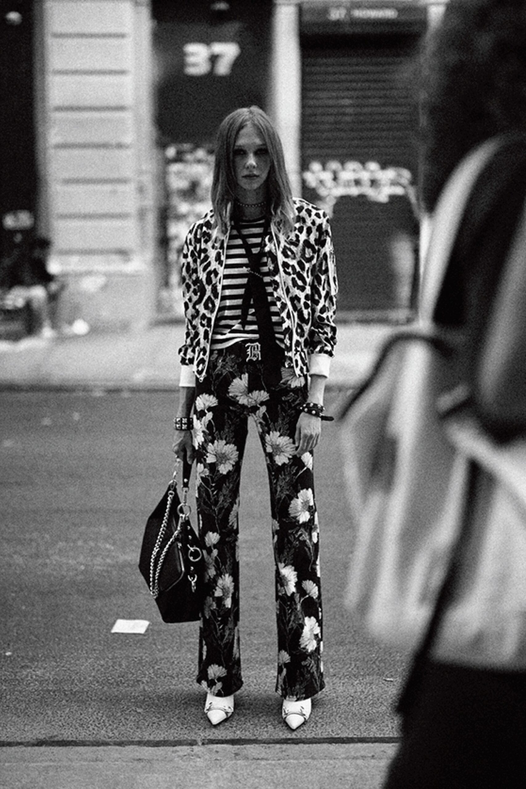 animal-print jacket with flared pants