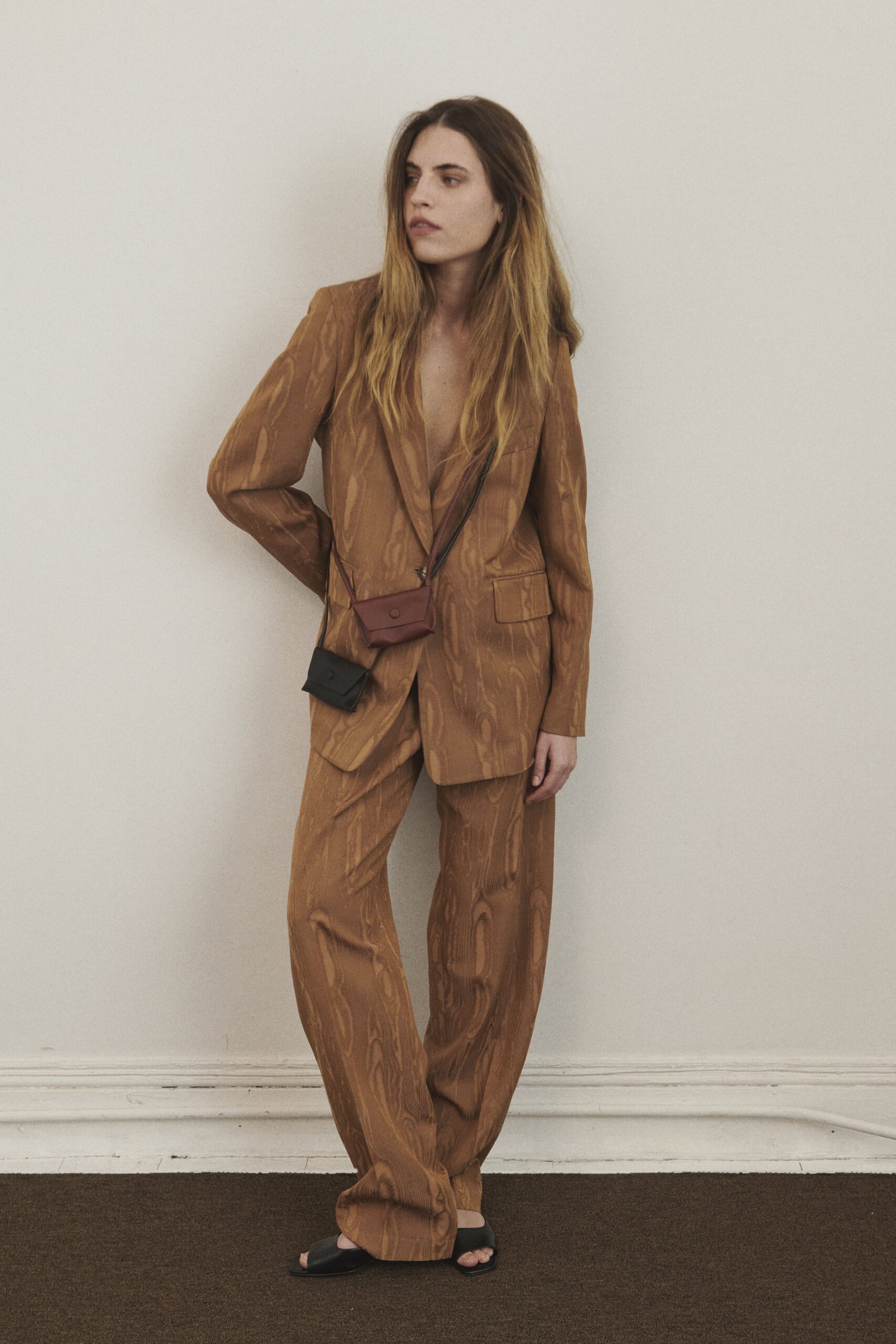 brown cotton long-sleeve collared relaxed printed suit