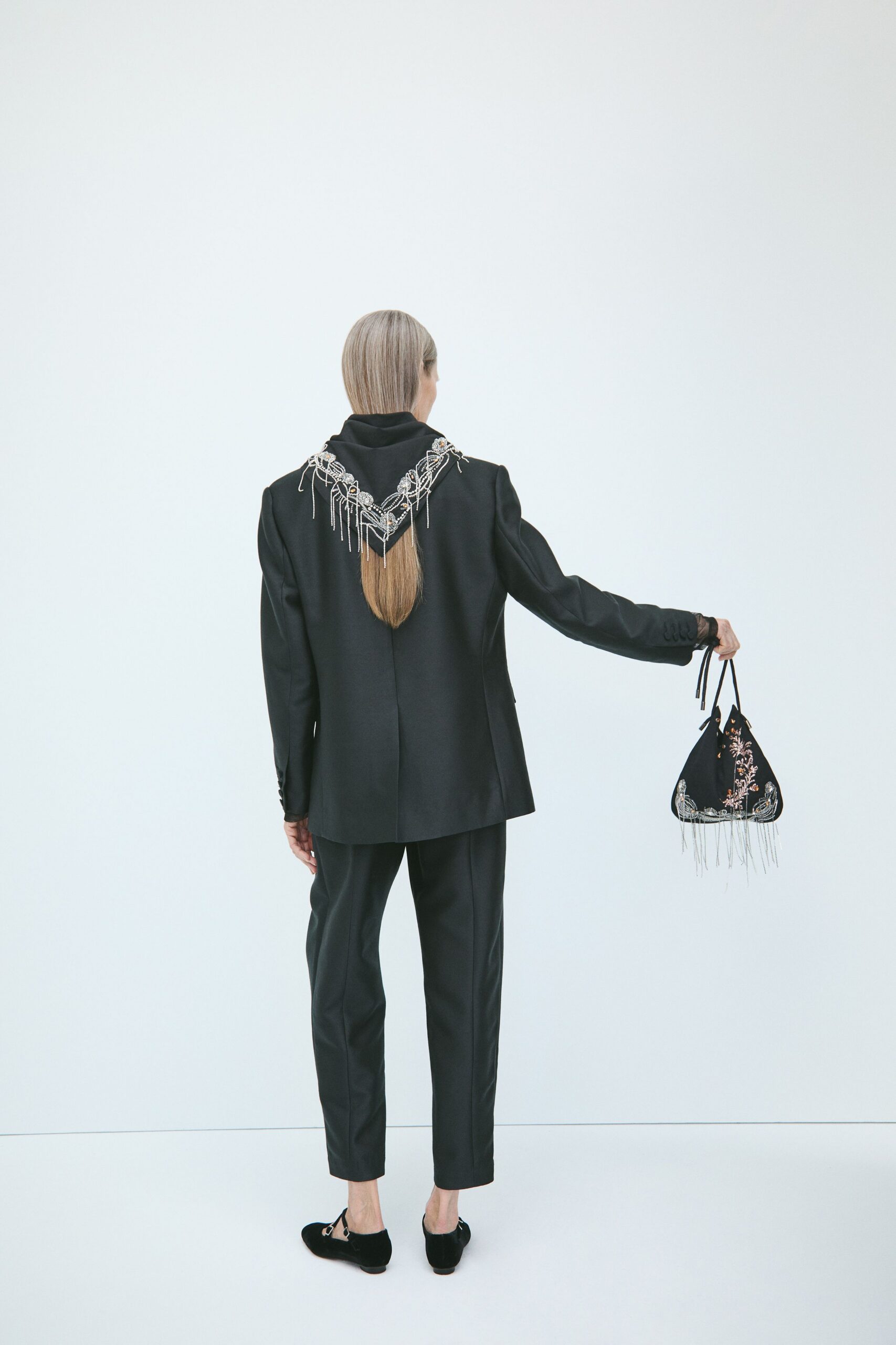 black silk long-sleeve collared structured embroidered blazer
