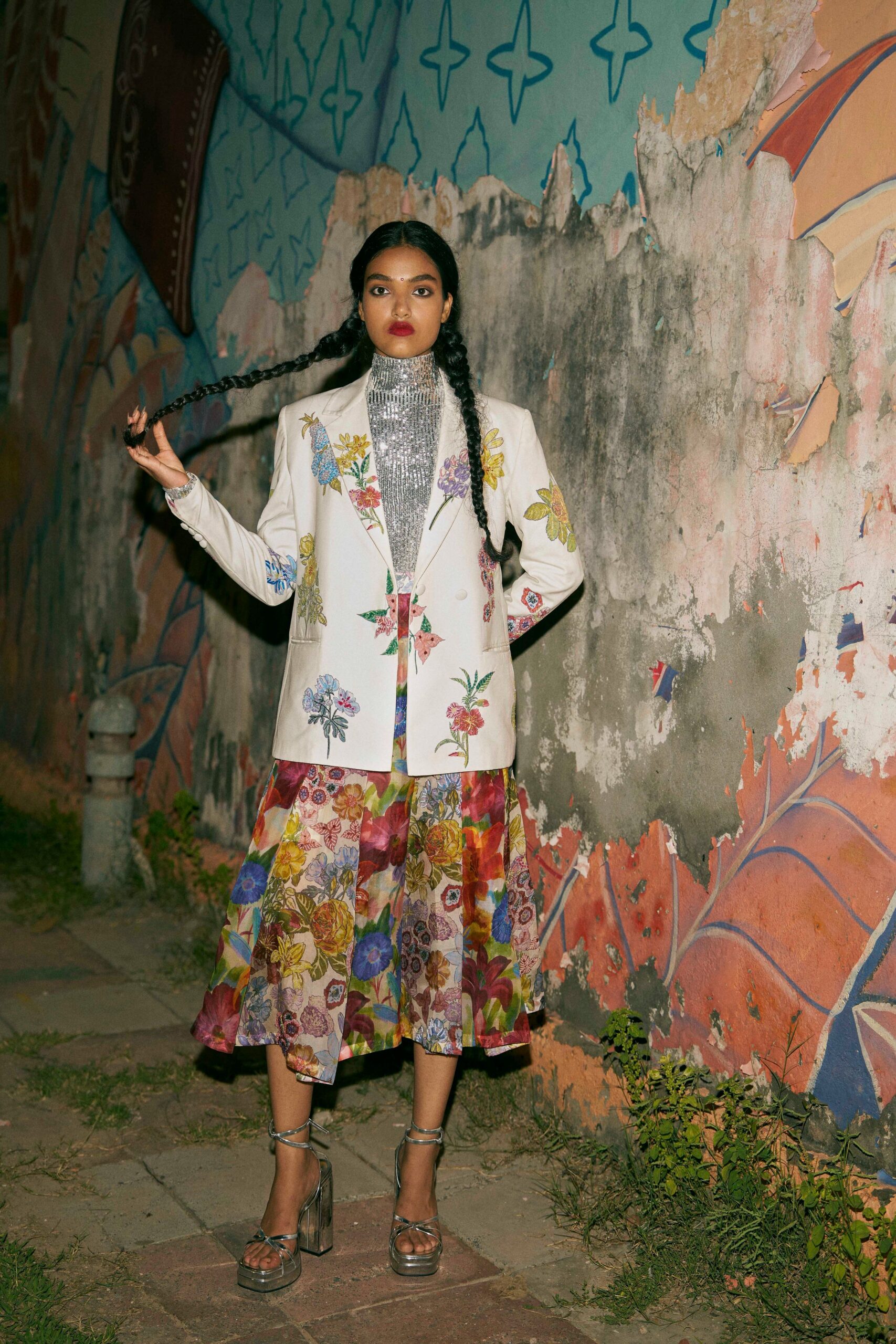 multi silk fitted flared midi skirt