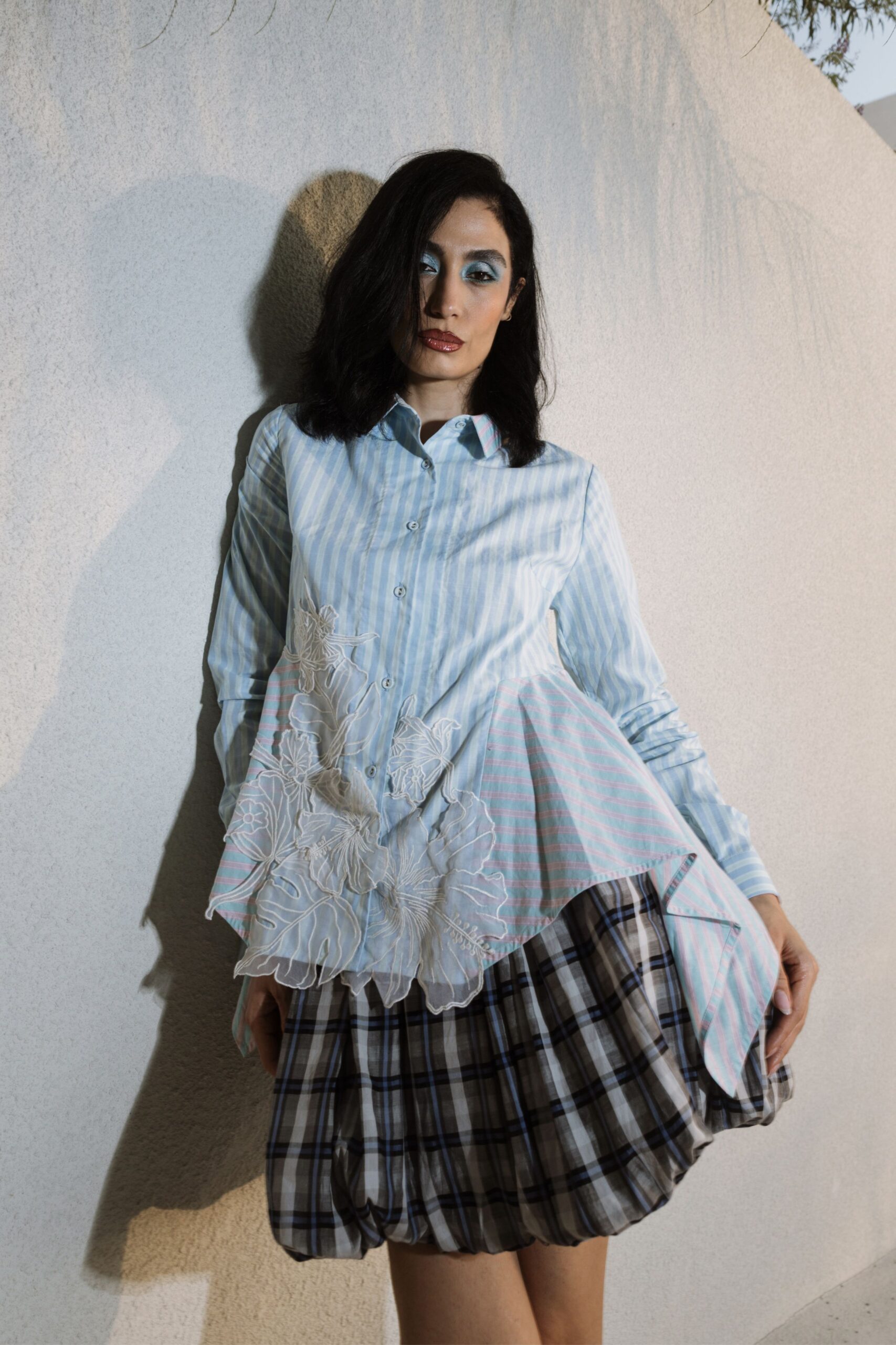 gray cotton fitted checked tiered mini skirt