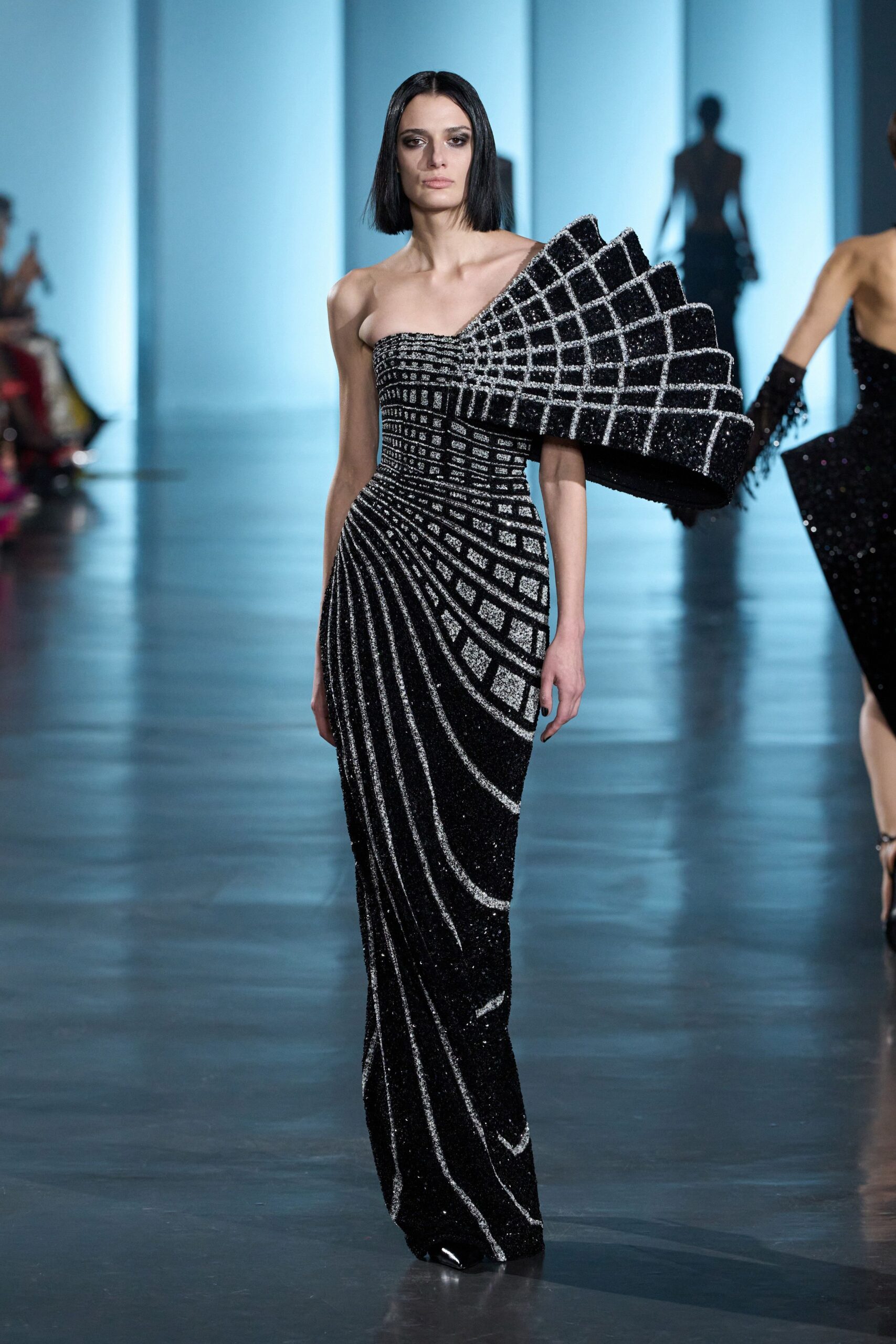 black embellished strapless gown
