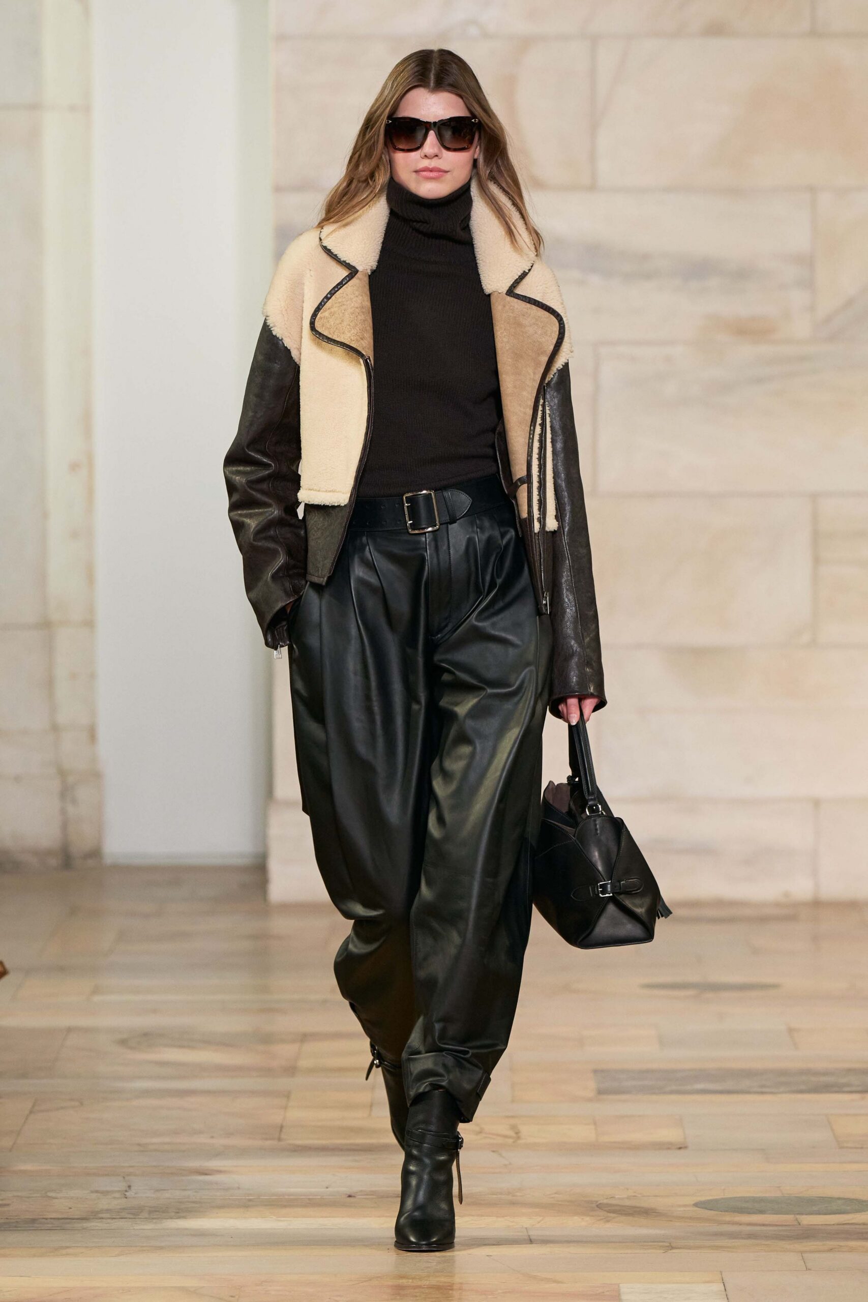 black leather long-sleeve collared fitted zippered fringed jacket