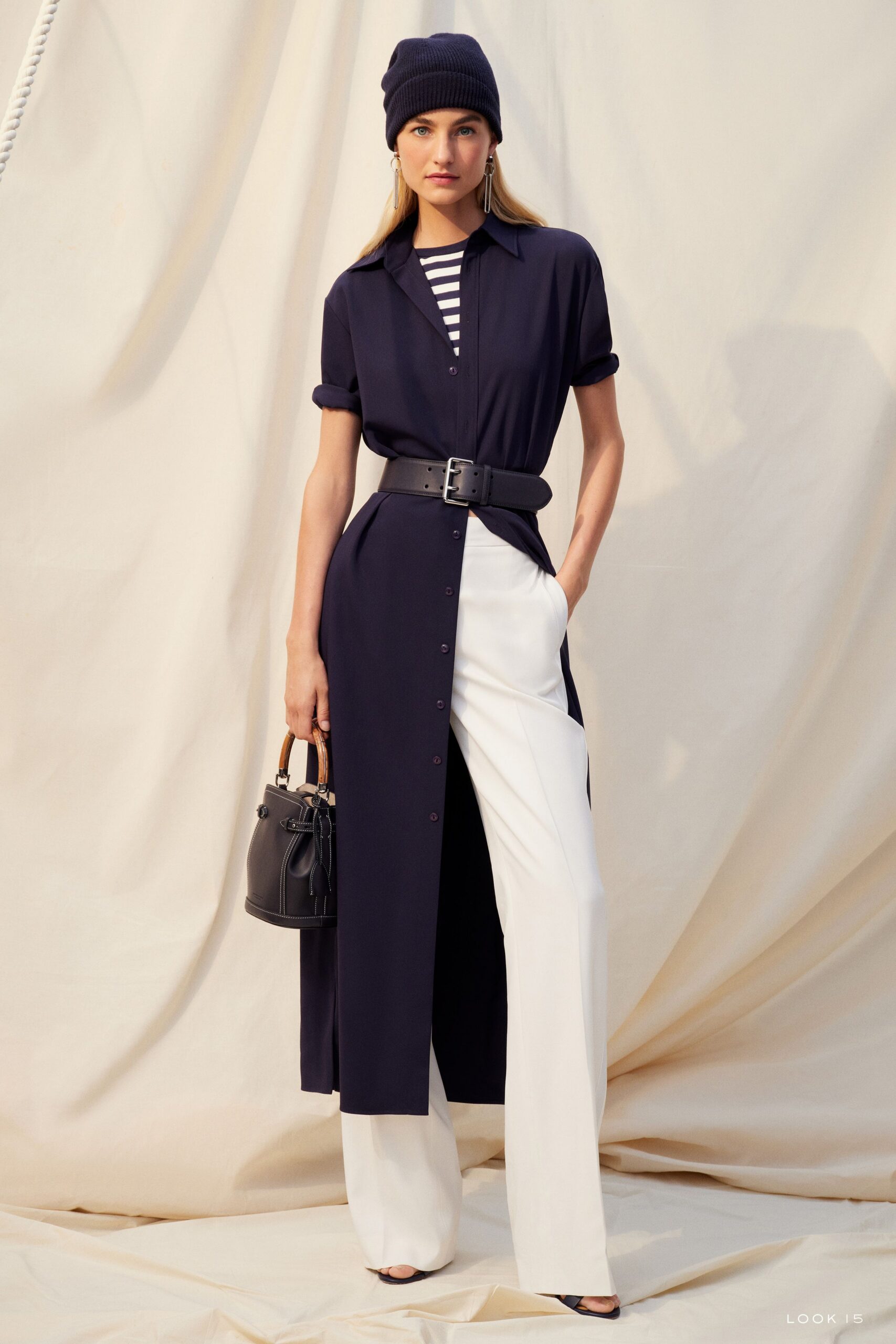 navy shirt-dress with white pants