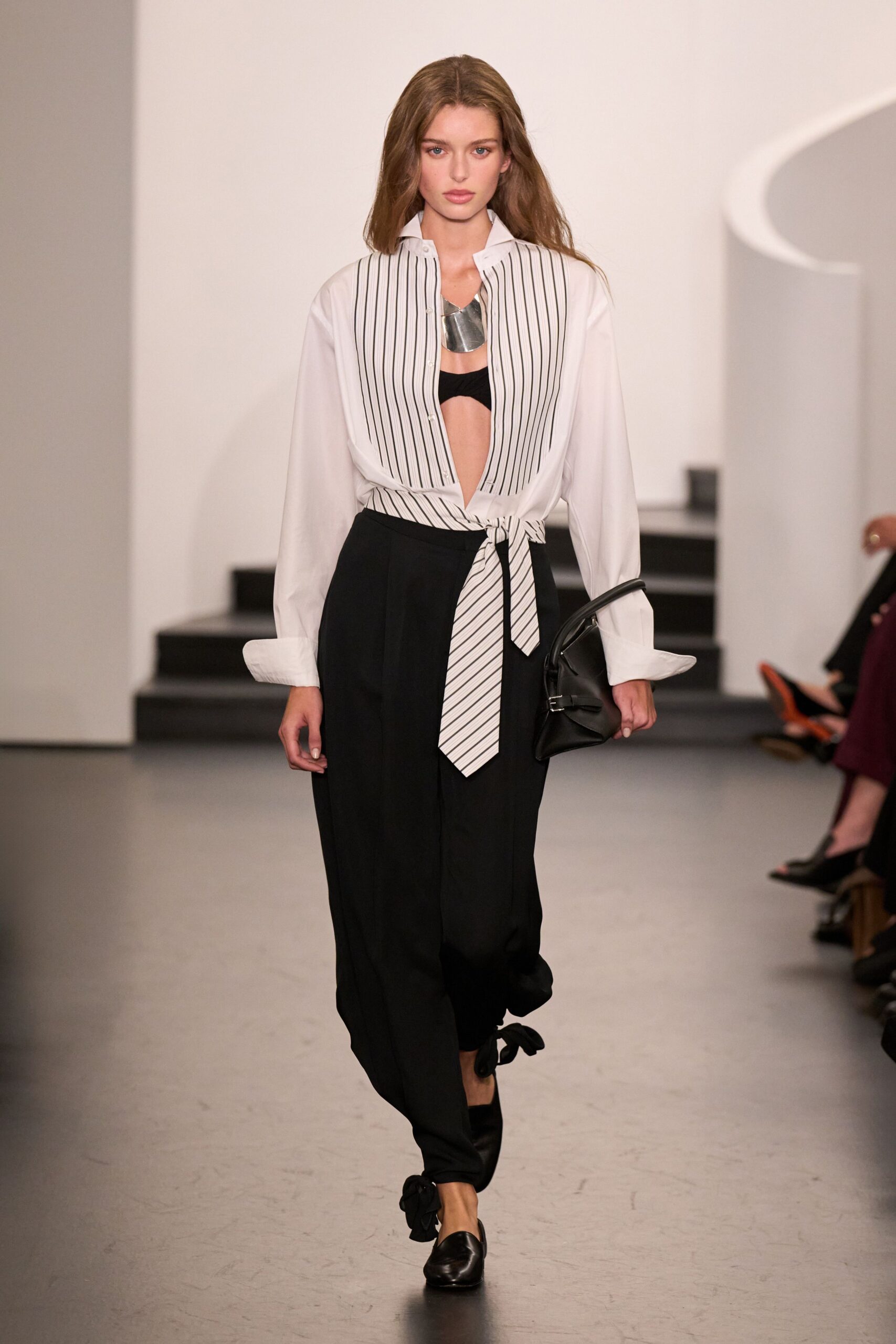 black and white striped shirt with relaxed pants