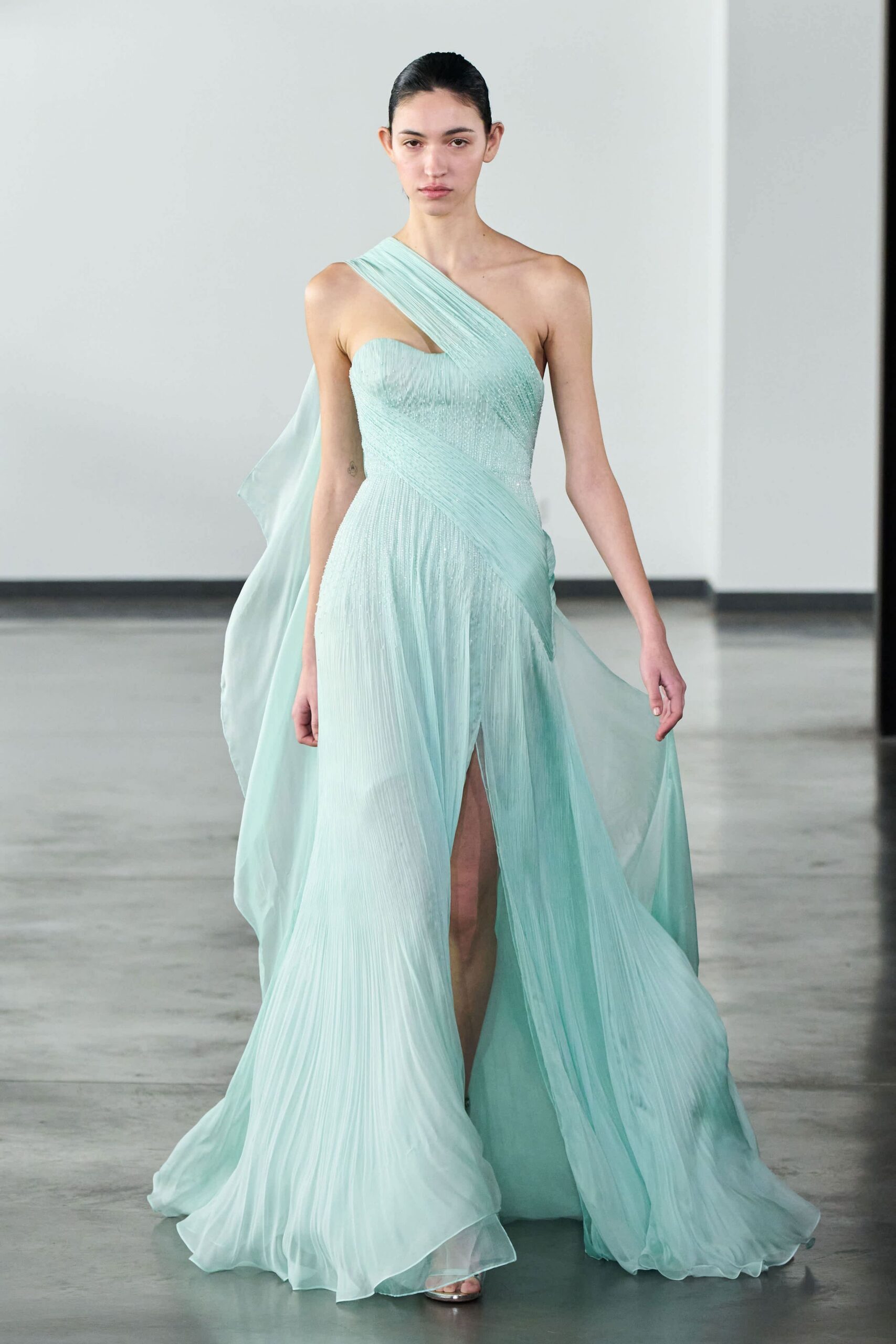 teal chiffon sleeveless asymmetric fitted pleated draped gown