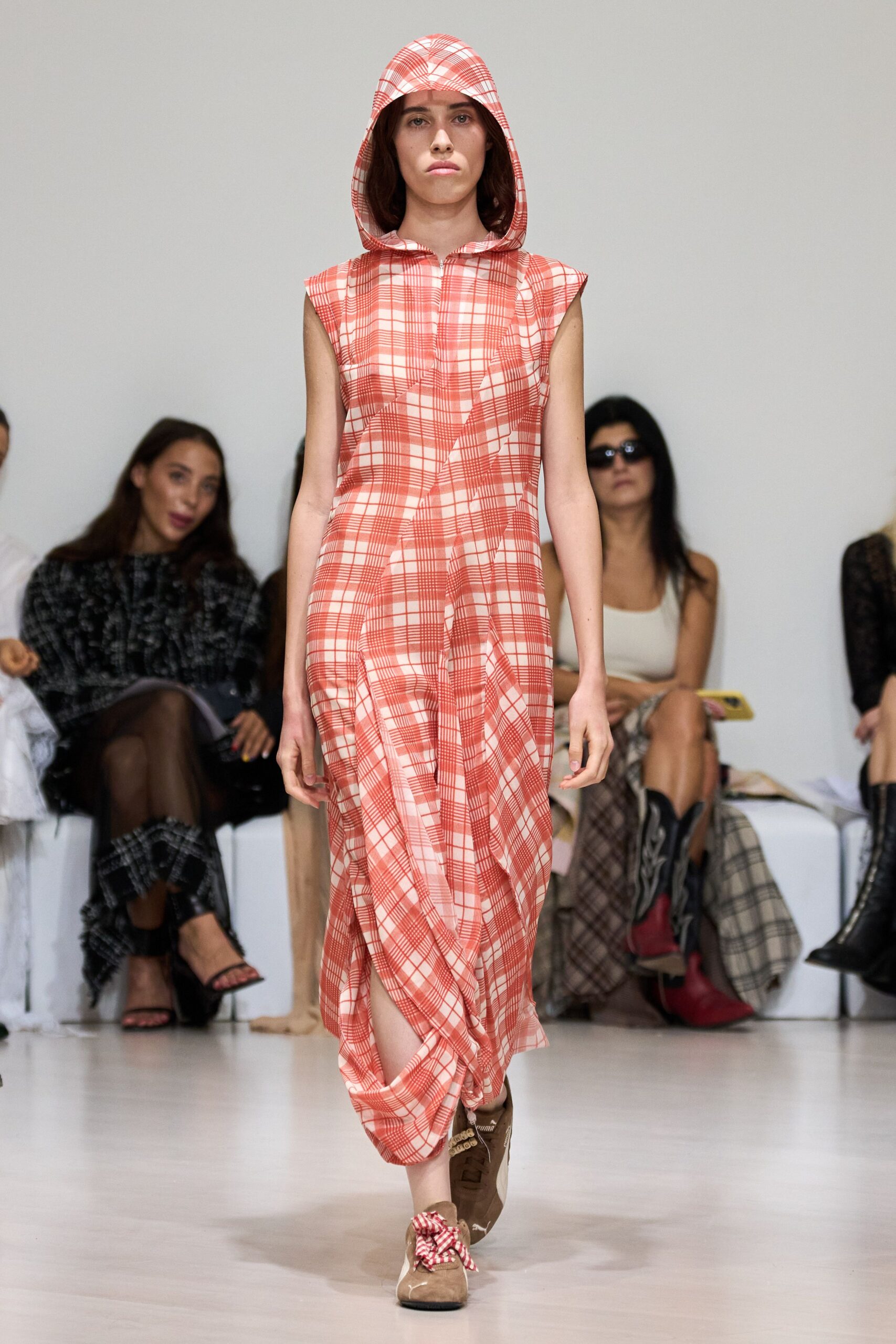 red cotton sleeveless hooded relaxed checked draped dress