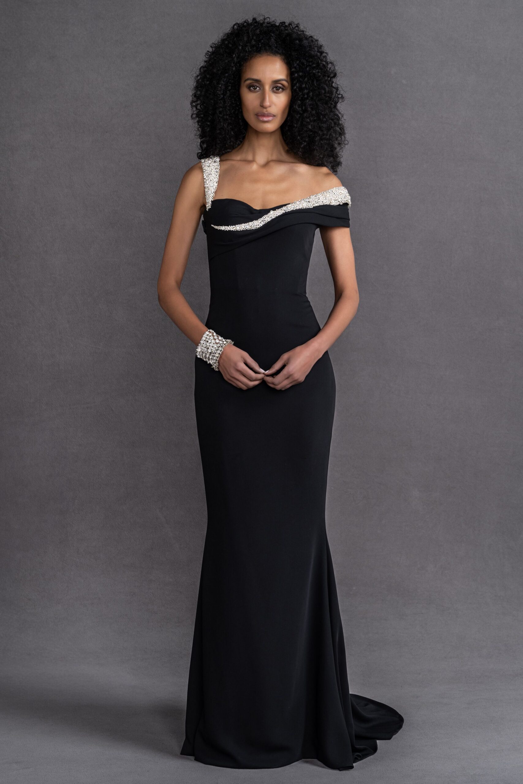 black strapless embellished gown