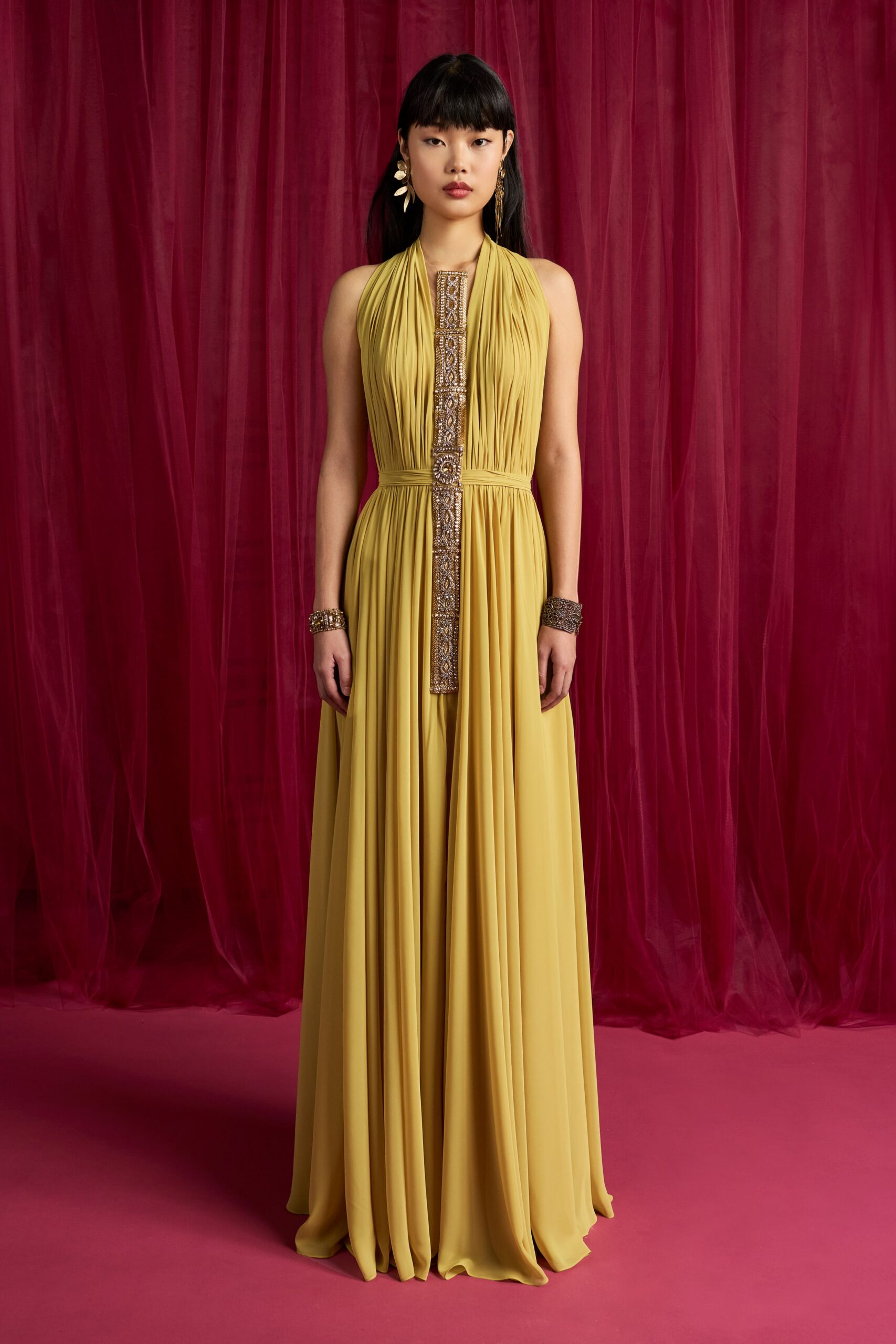 yellow silk sleeveless gown