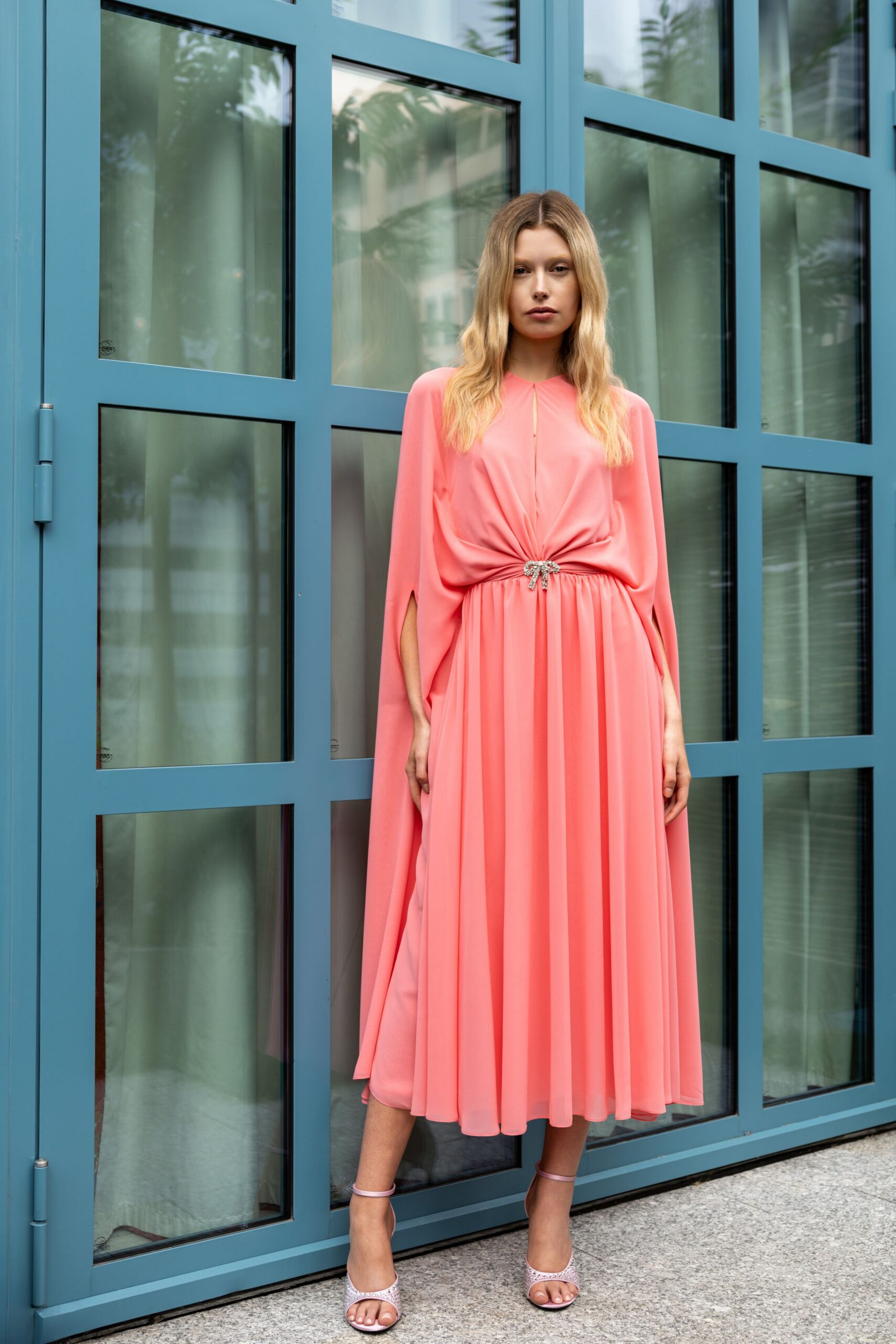 pink silk sleeveless v-neck fitted draped tiered dress