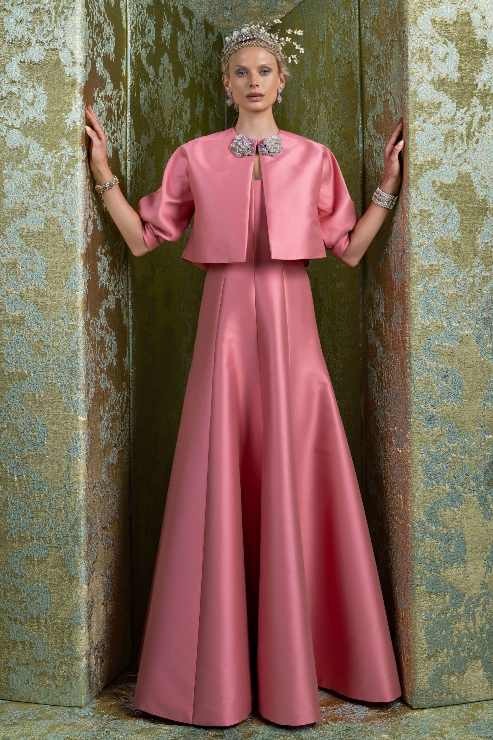 pink satin gown with cape