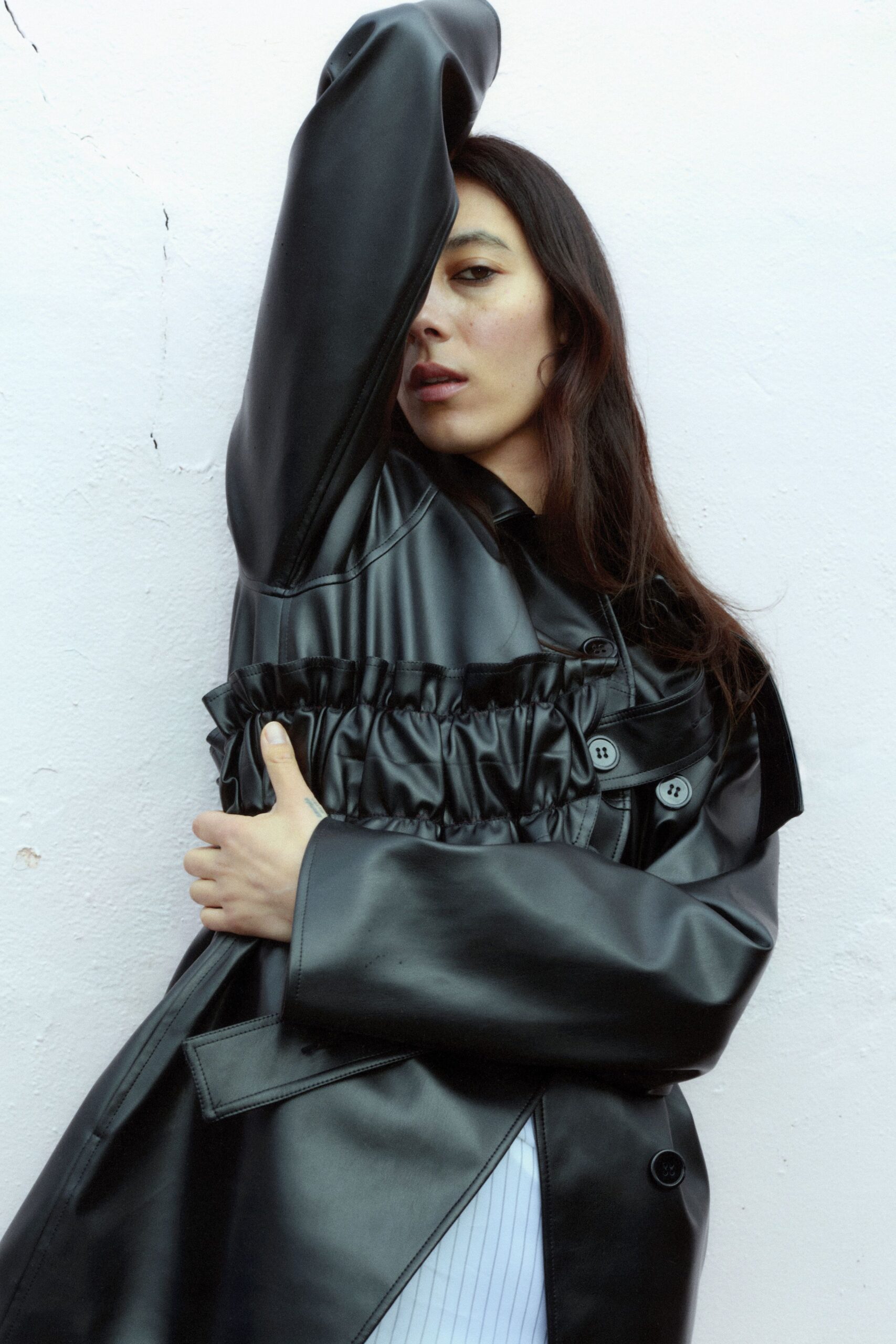 black leather fitted coat