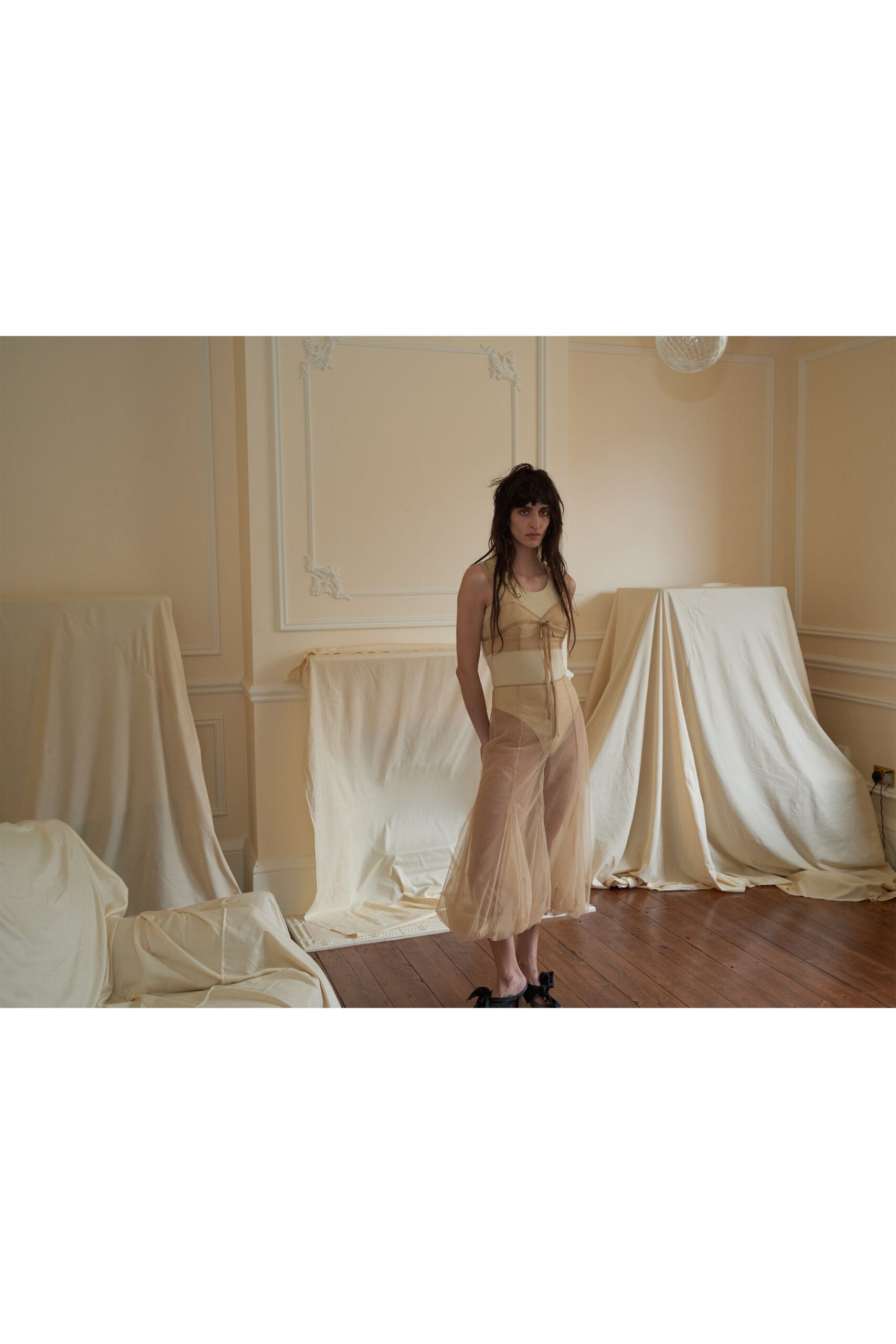 beige silk sleeveless v-neck fitted pleated sheer dress