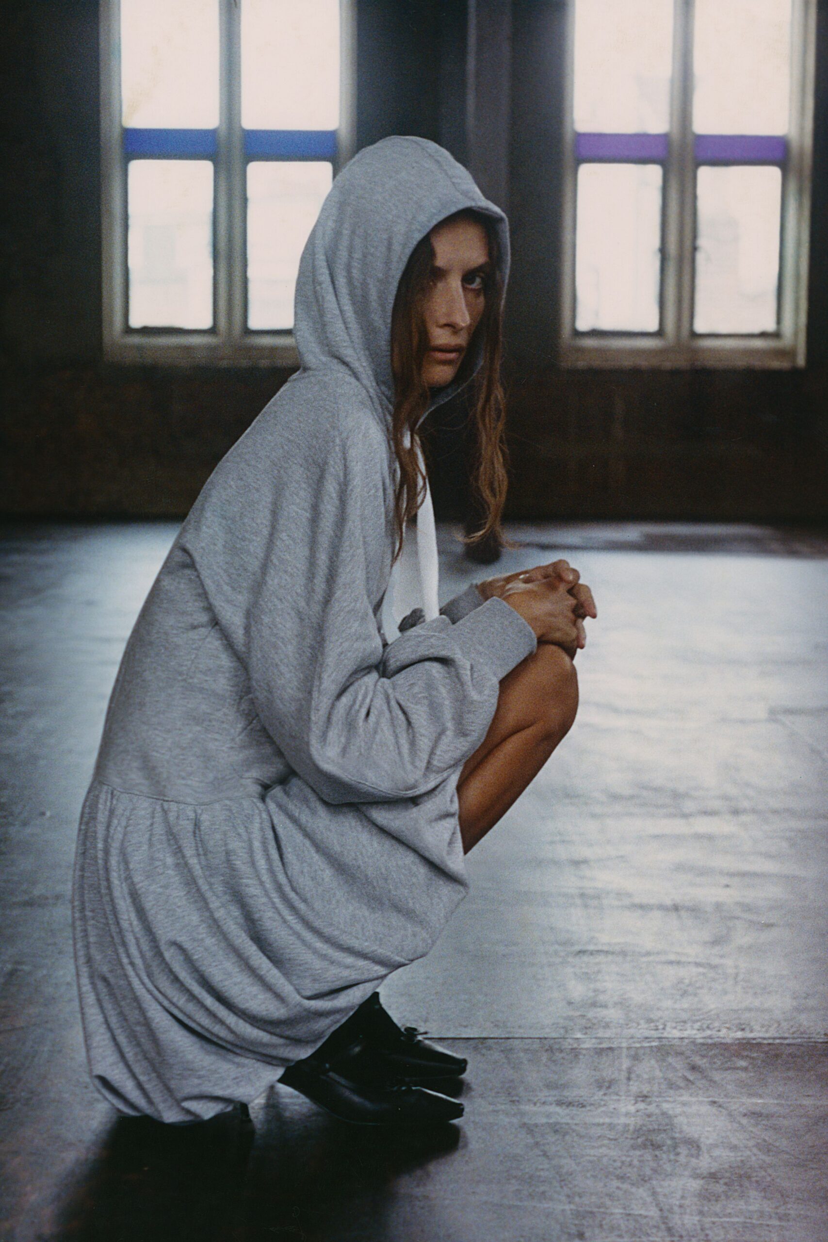 gray cotton long-sleeve hooded relaxed draped mini dress