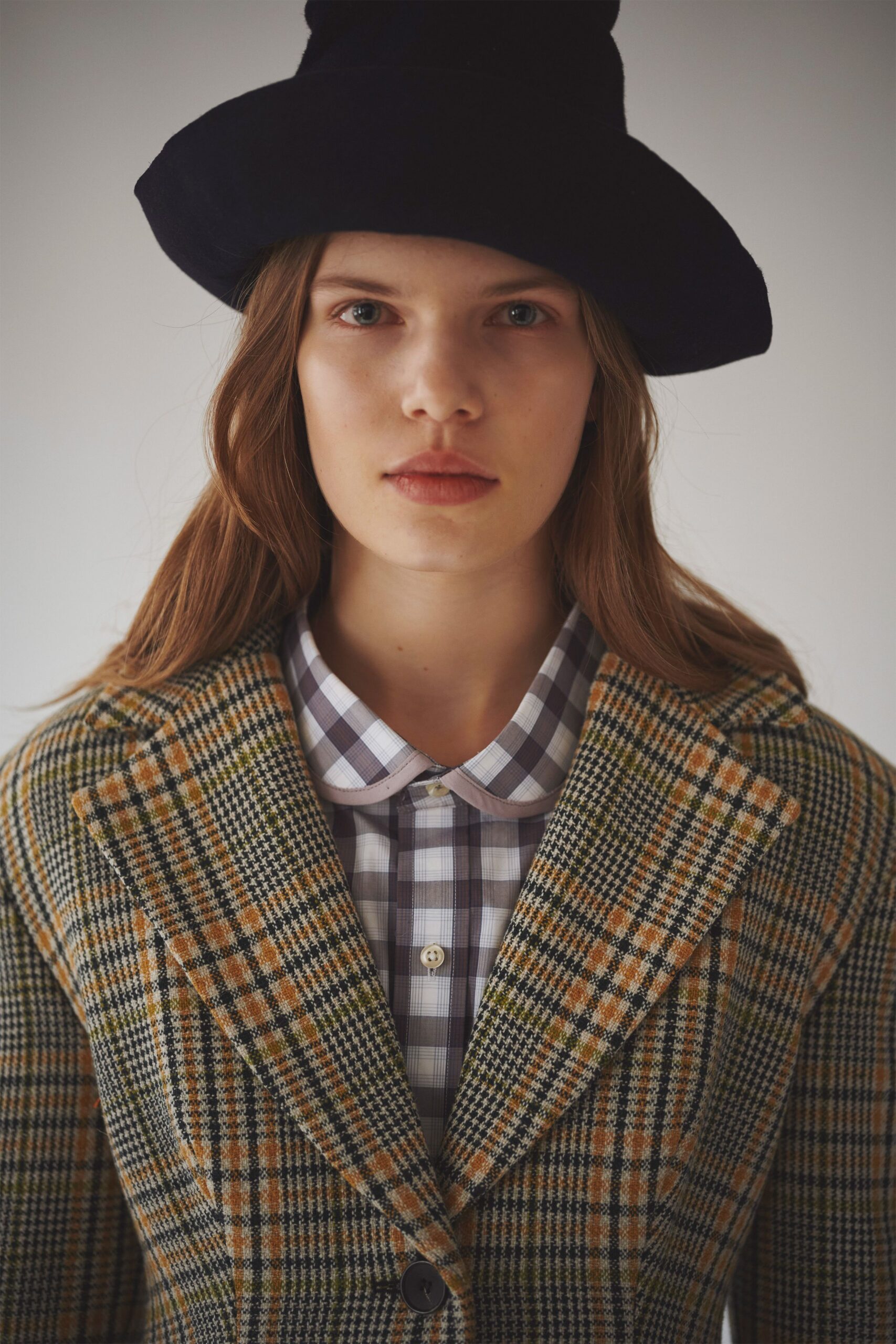 yellow wool long-sleeve collared structured checked blazer