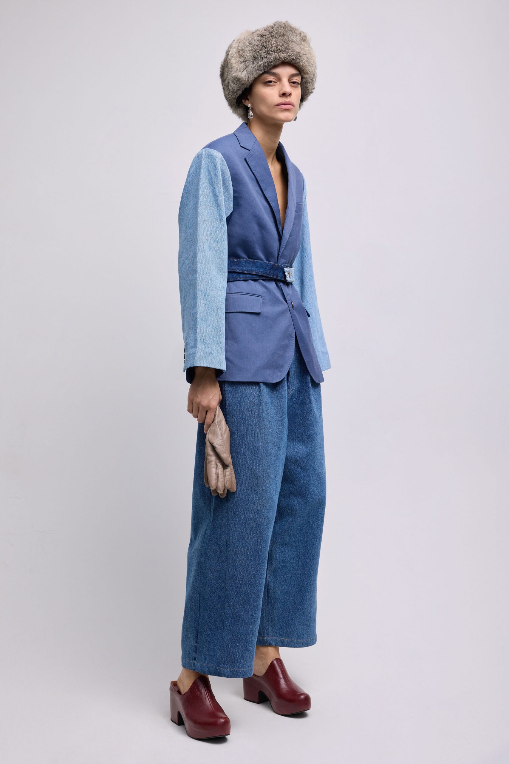 blue tailored blazer with denim pants