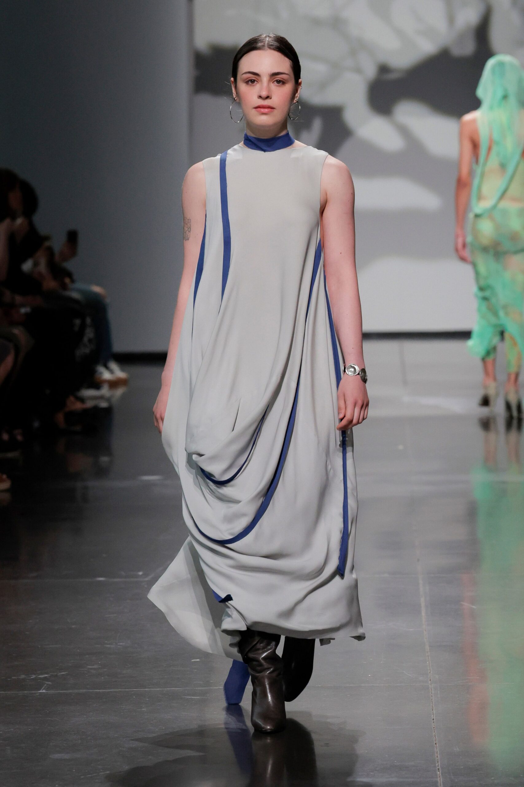 gray silk sleeveless high-neck relaxed draped flowing dress