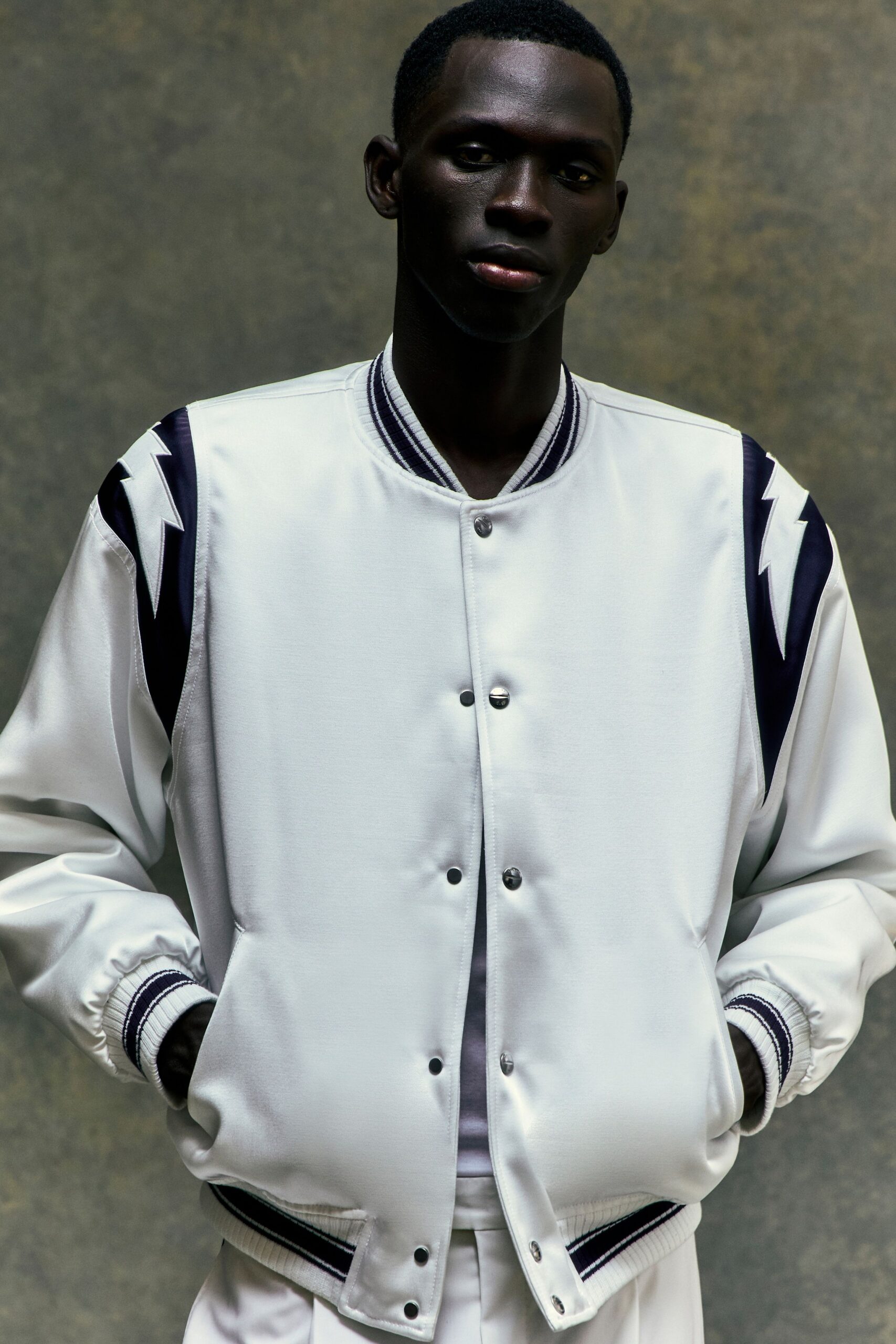 white satin relaxed jacket with black details