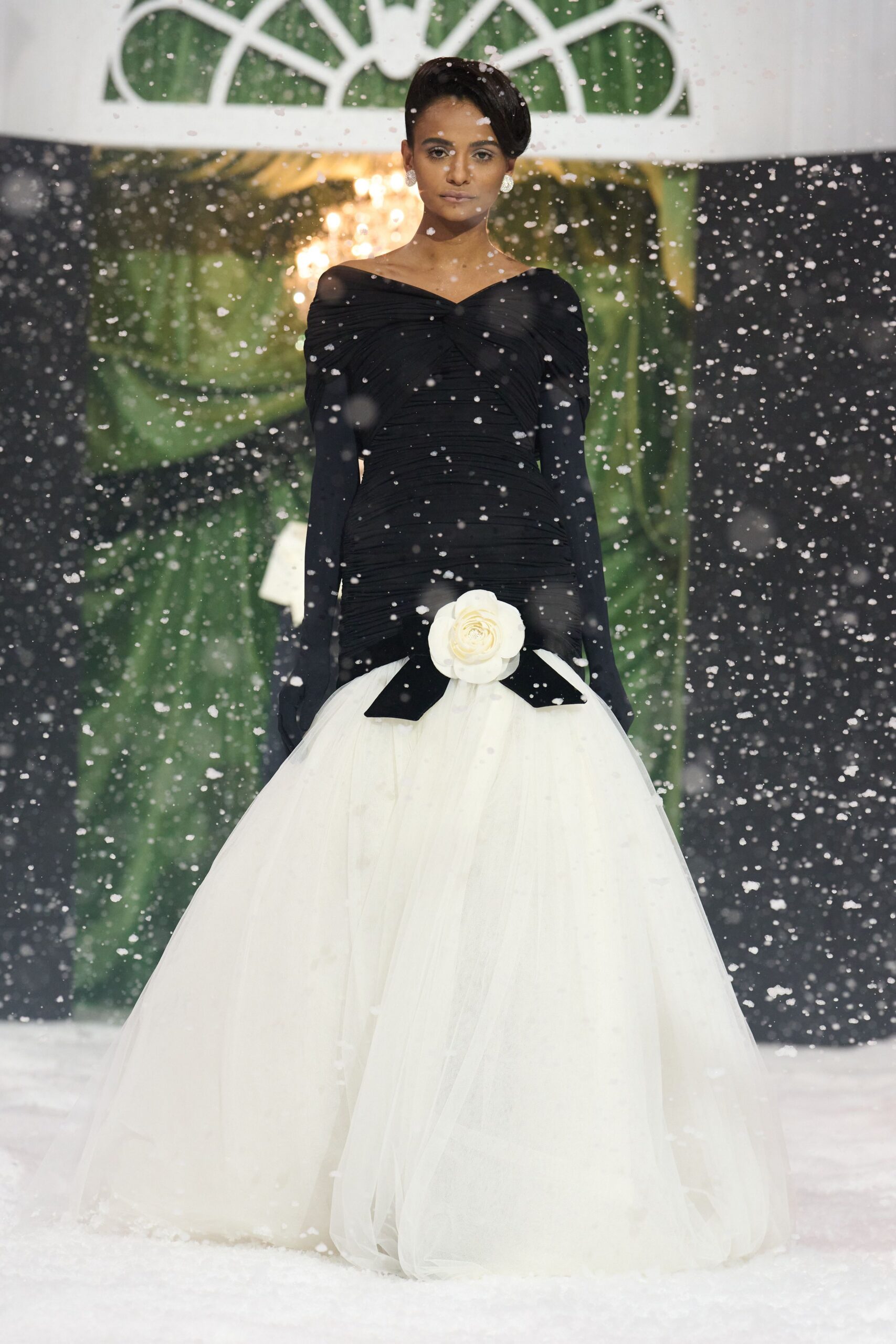 black and white off-shoulder gown