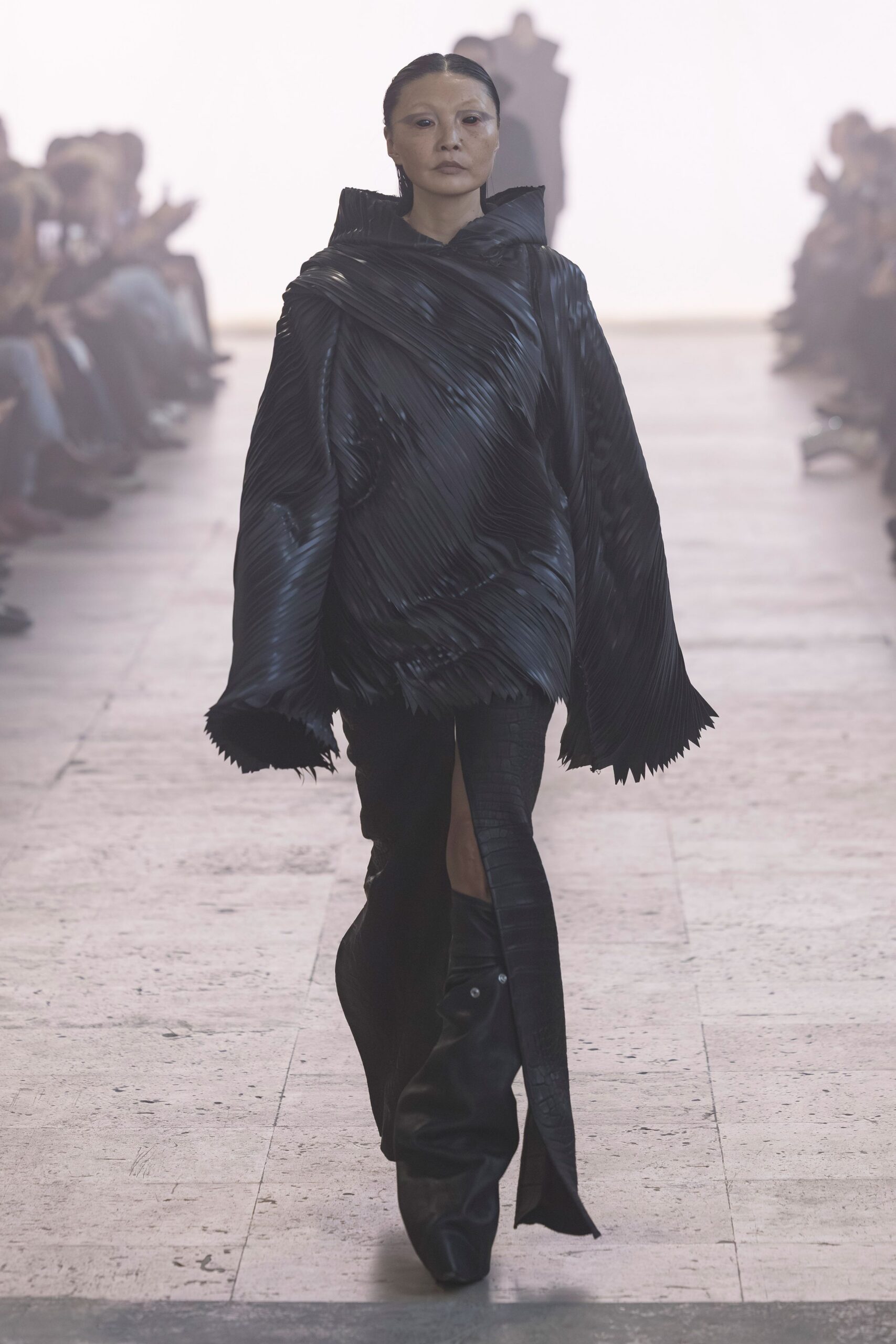 black leather pleated dress with boots