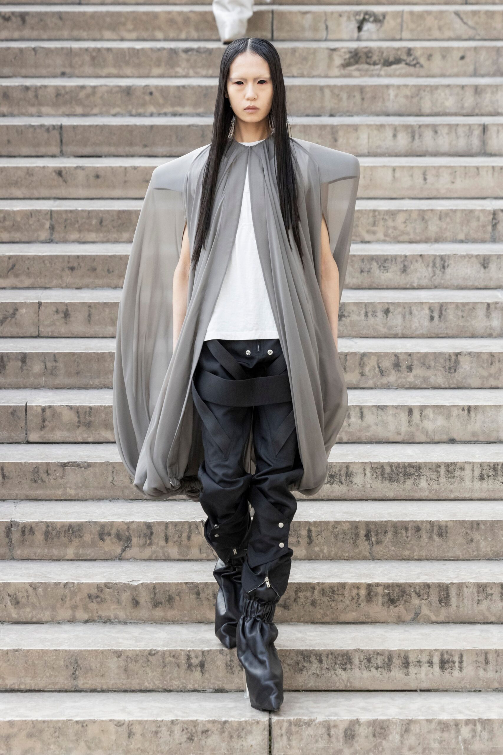 gray chiffon structured draped flowing cape