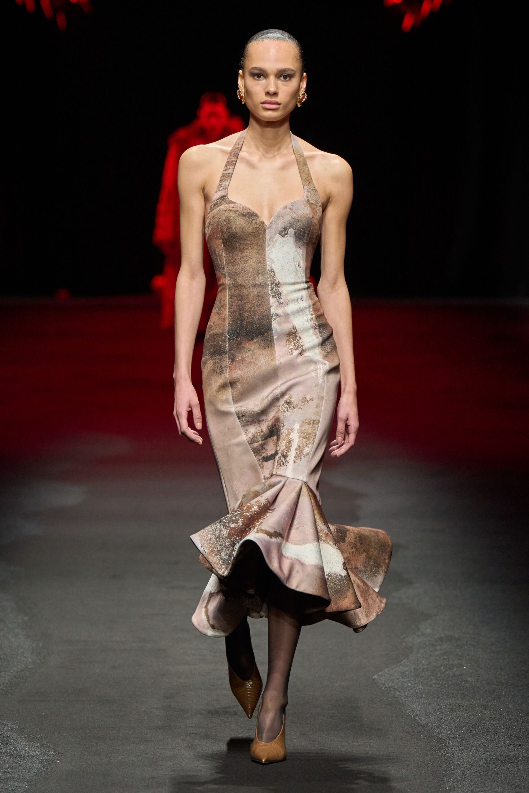 brown silk sleeveless halter fitted draped flared gown
