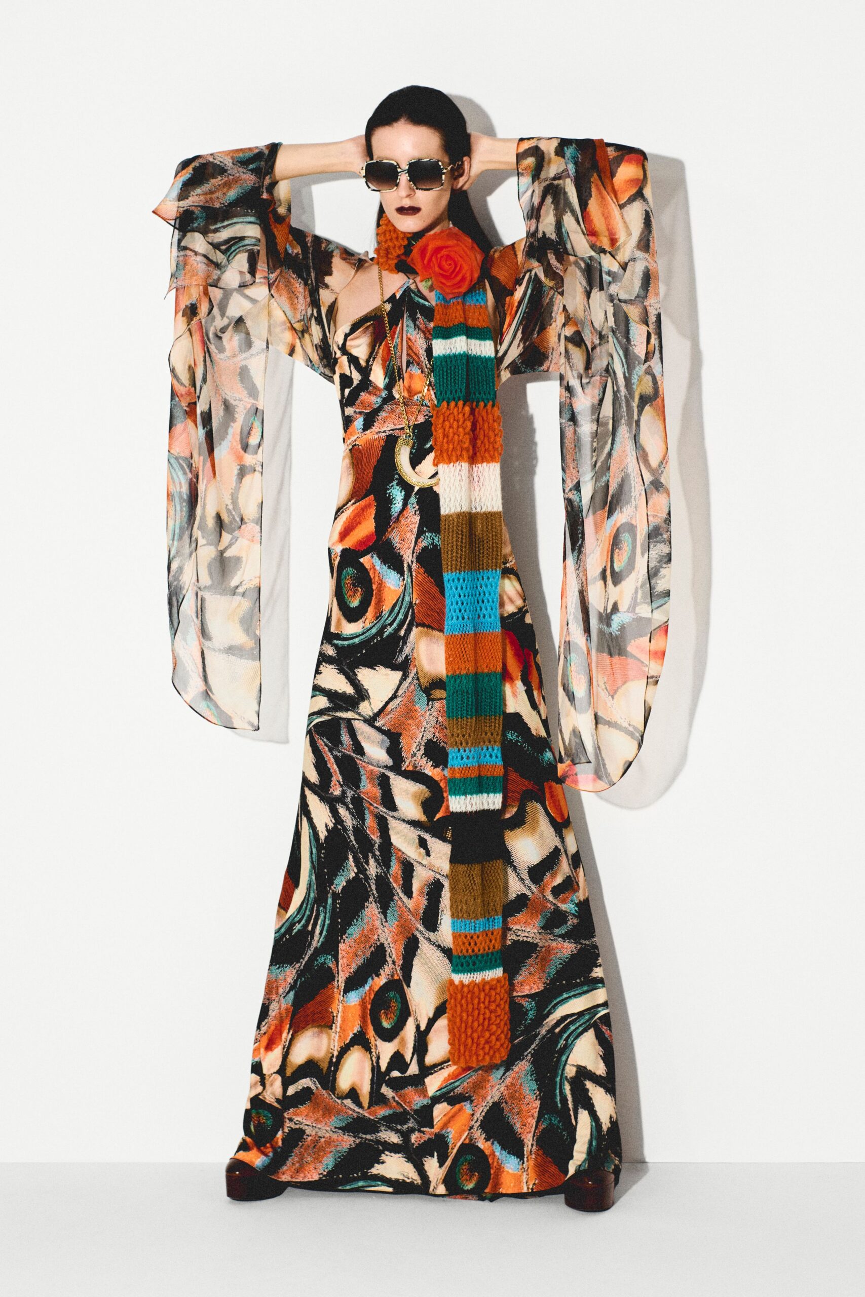 multi silk long-sleeve v-neck fitted flared flowing gown