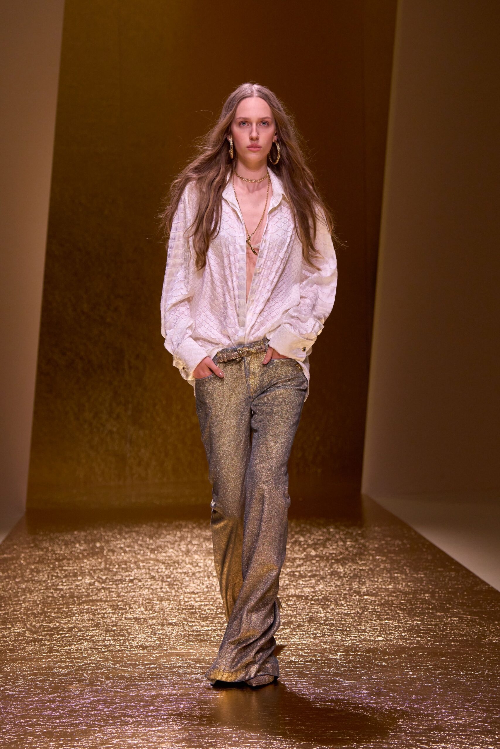 gold silk fitted straight-leg textured pants